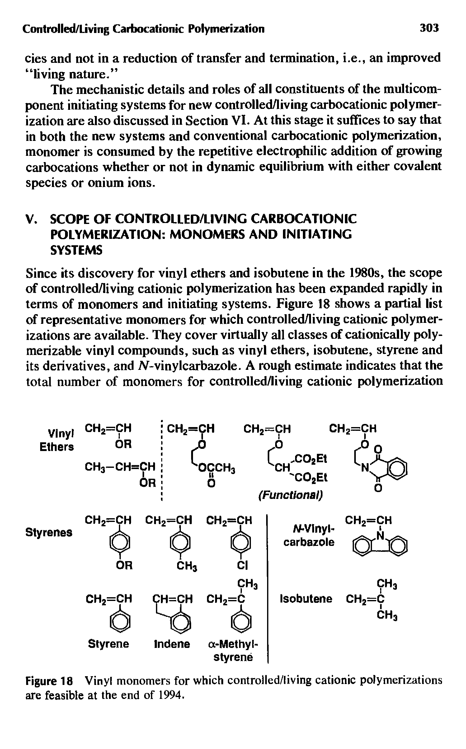 Figure 18 Vinyl monomers for which controlled/living cationic polymerizations are feasible at the end of 1994.