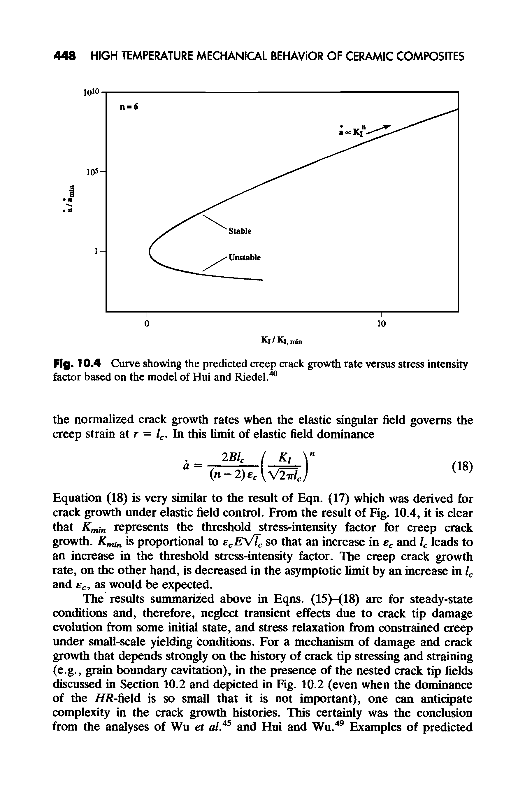 Fig. 10.4 Curve showing the predicted creep crack growth rate versus stress intensity factor based on the model of Hui and Riedel.40...