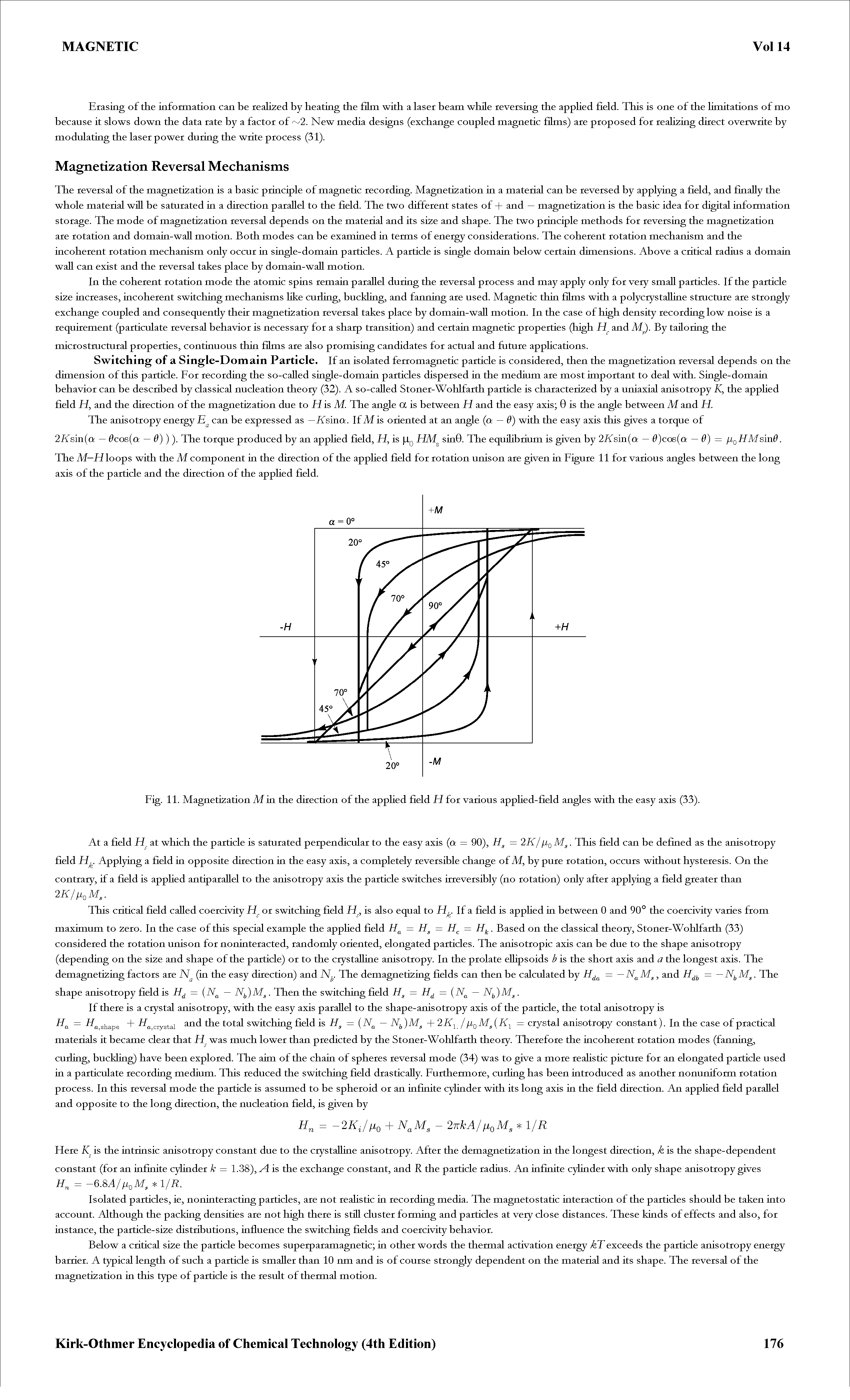 Fig. 11. Magnetization M in the direction of the appHed field H for various appHed-field angles with the easy axis (33).