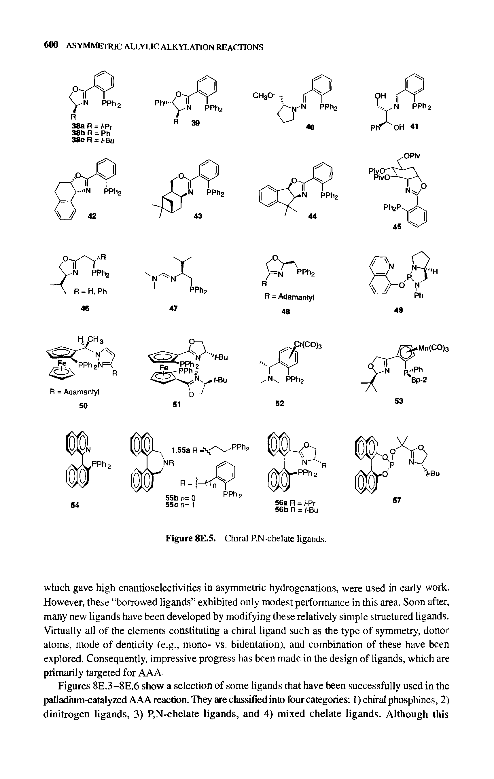 Figures 8E.3-8E.6 show a selection of some ligands that have been successfully used in the palladium-catalyzed AAA reaction. They are classified into four categories 1) chiral phosphines, 2) dinitrogen ligands, 3) P,N-chelate ligands, and 4) mixed chelate ligands. Although this...
