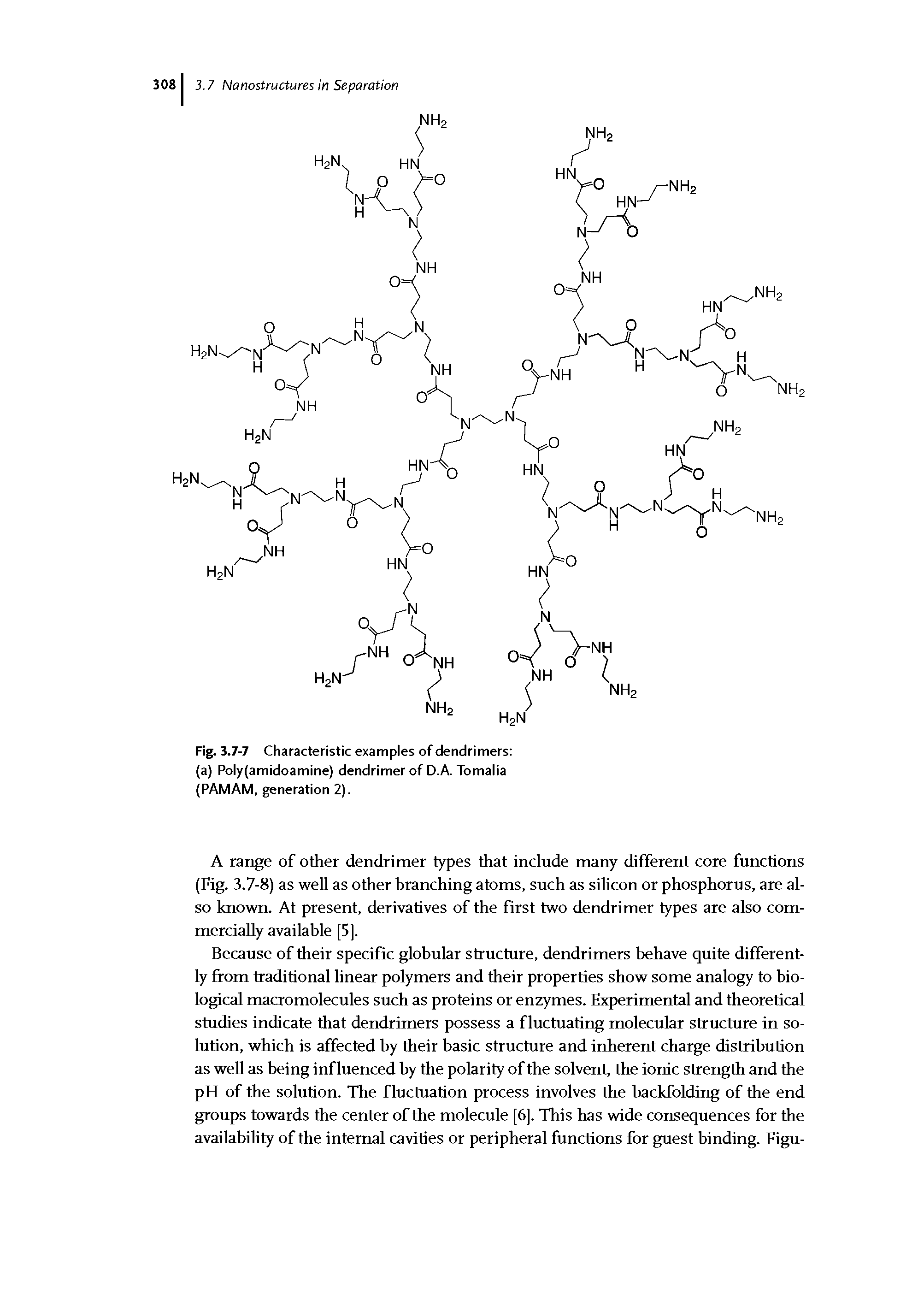 Fig. 3.7-7 Characteristic examples of dendrimers (a) Poly(amidoamine) dendrimer of D.A. Tomalia (PAMAM, generation 2).