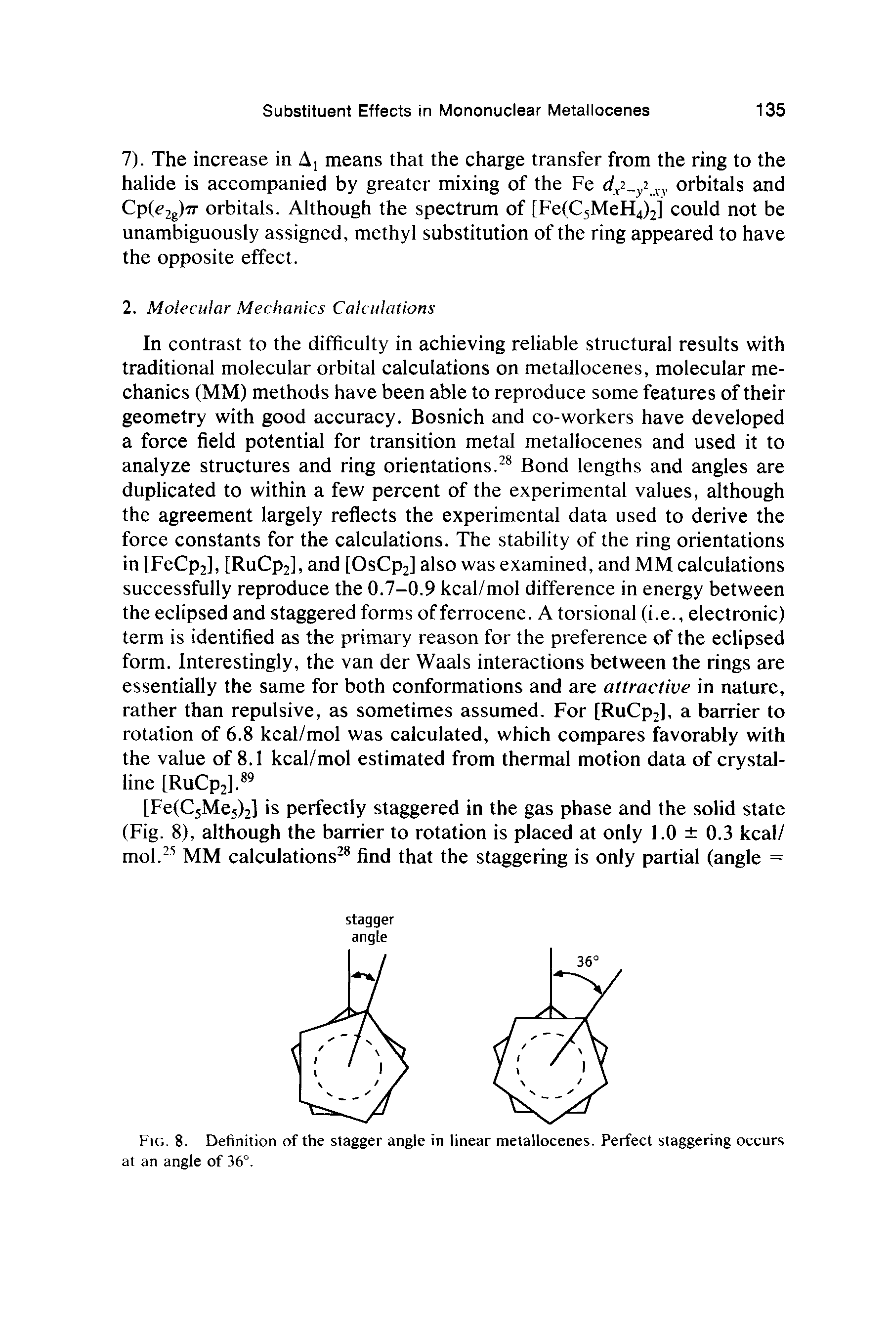 Fig. 8. Definition of the stagger angle in linear metallocenes. Perfect staggering occurs at an angle of 36°.