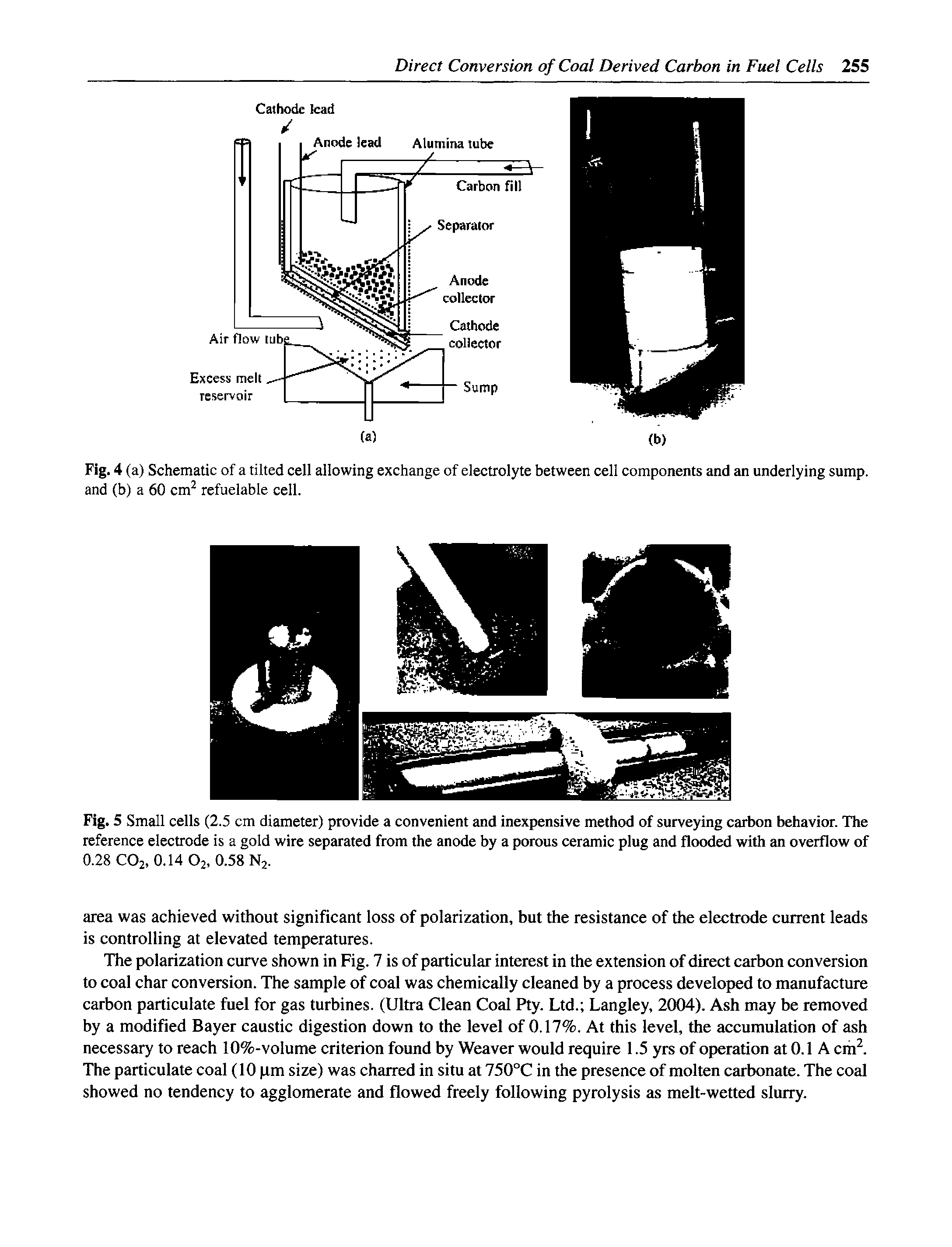 Fig. 5 Small cells (2.5 cm diameter) provide a convenient and inexpensive method of surveying carbon behavior. The reference electrode is a gold wire separated from the anode by a porous ceramic plug and flooded with an overflow of 0.28 CO2, O.I4O2, 0.58 Nj.