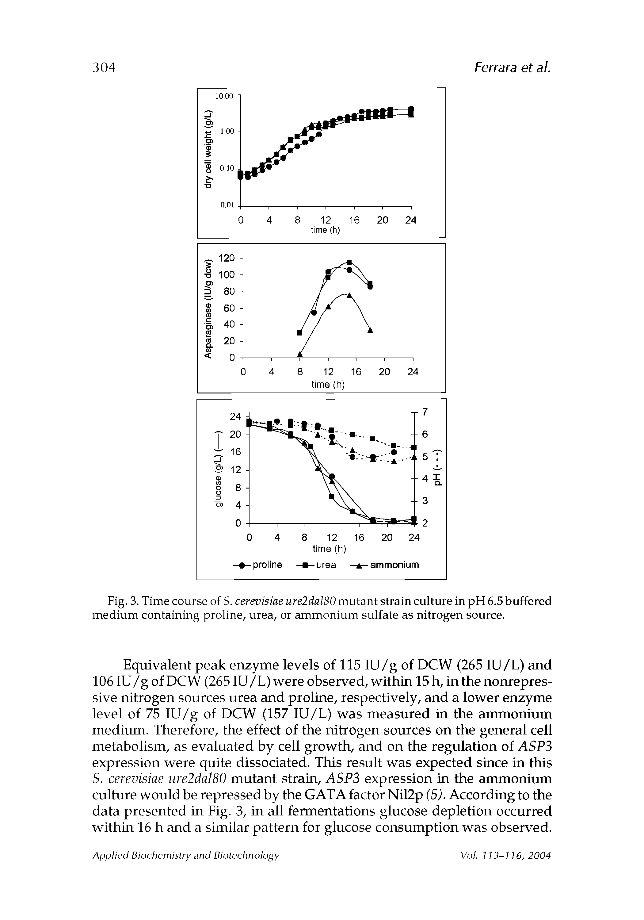 Fig. 3. Time course of S. cerevisiae ure2dal80 mutant strain culture in pH 6.5 buffered medium containing proline, urea, or ammonium sulfate as nitrogen source.