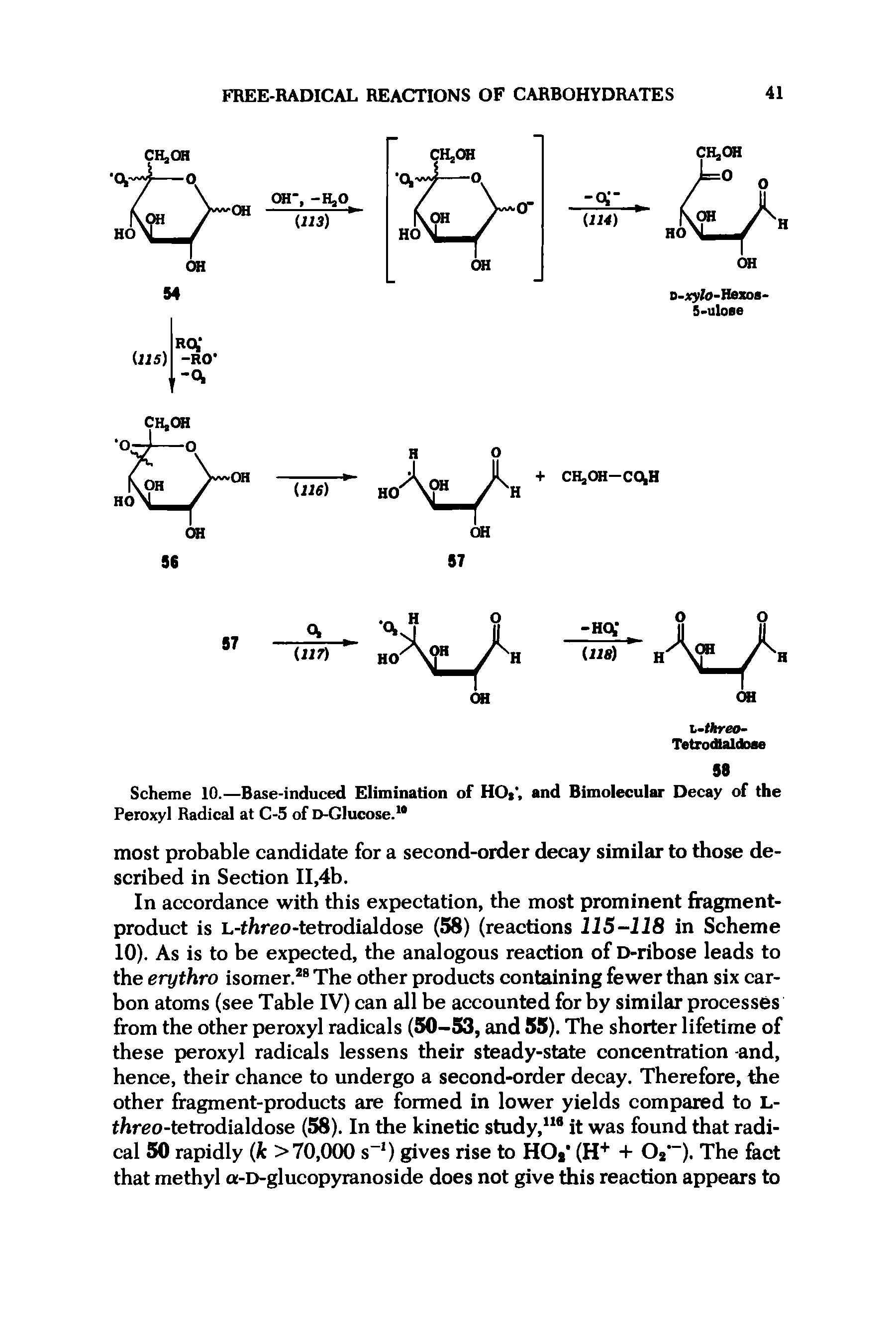 Scheme 10.—Base-induced Elimination of HOt, and Bimolecular Decay of the Peroxyl Radical at C-5 of D-Clucose. ...