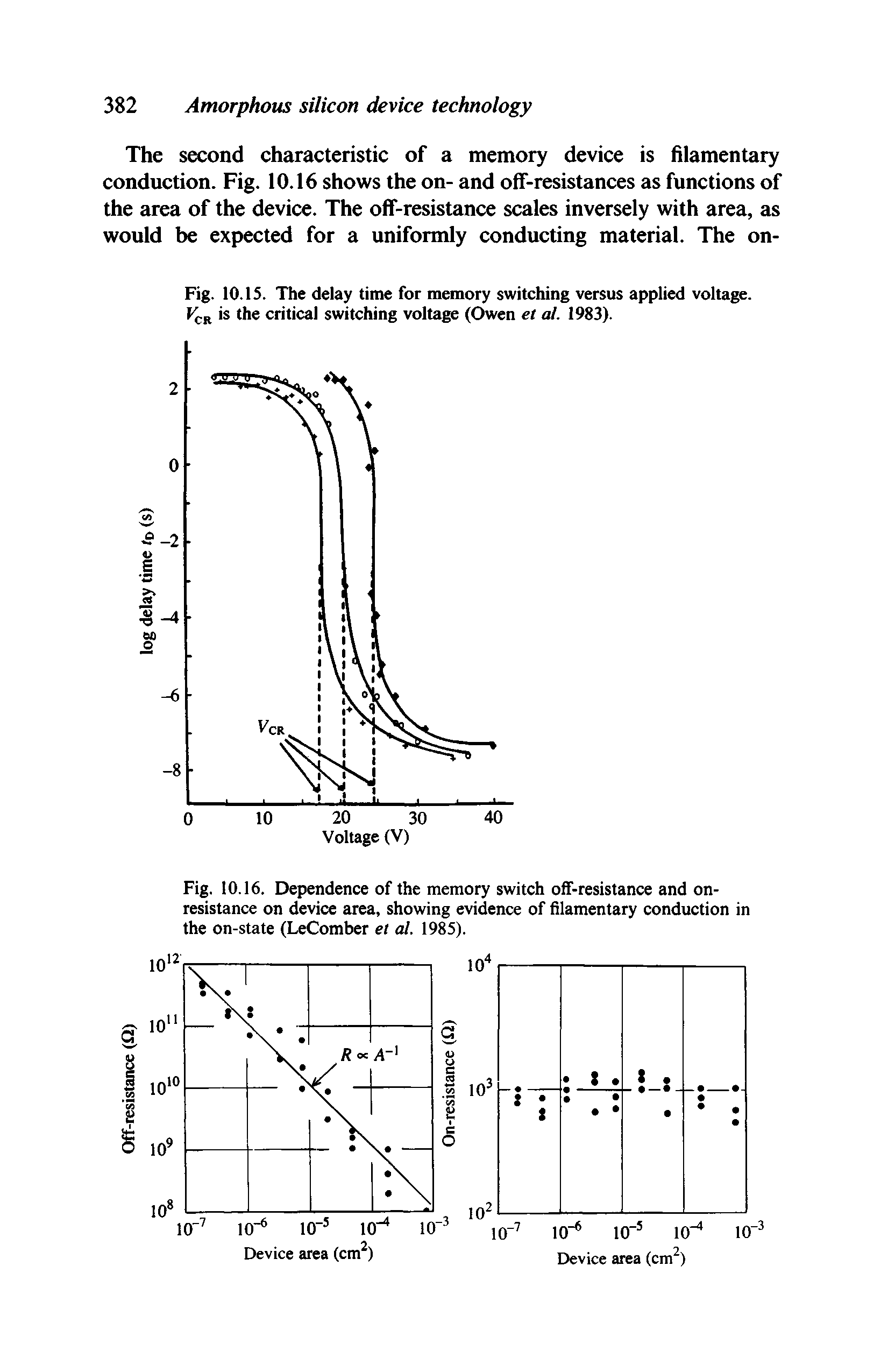 Fig. 10.IS. The delay time for memory switching versus applied voltage, is the critical switching voltage (Owen et at. 1983).