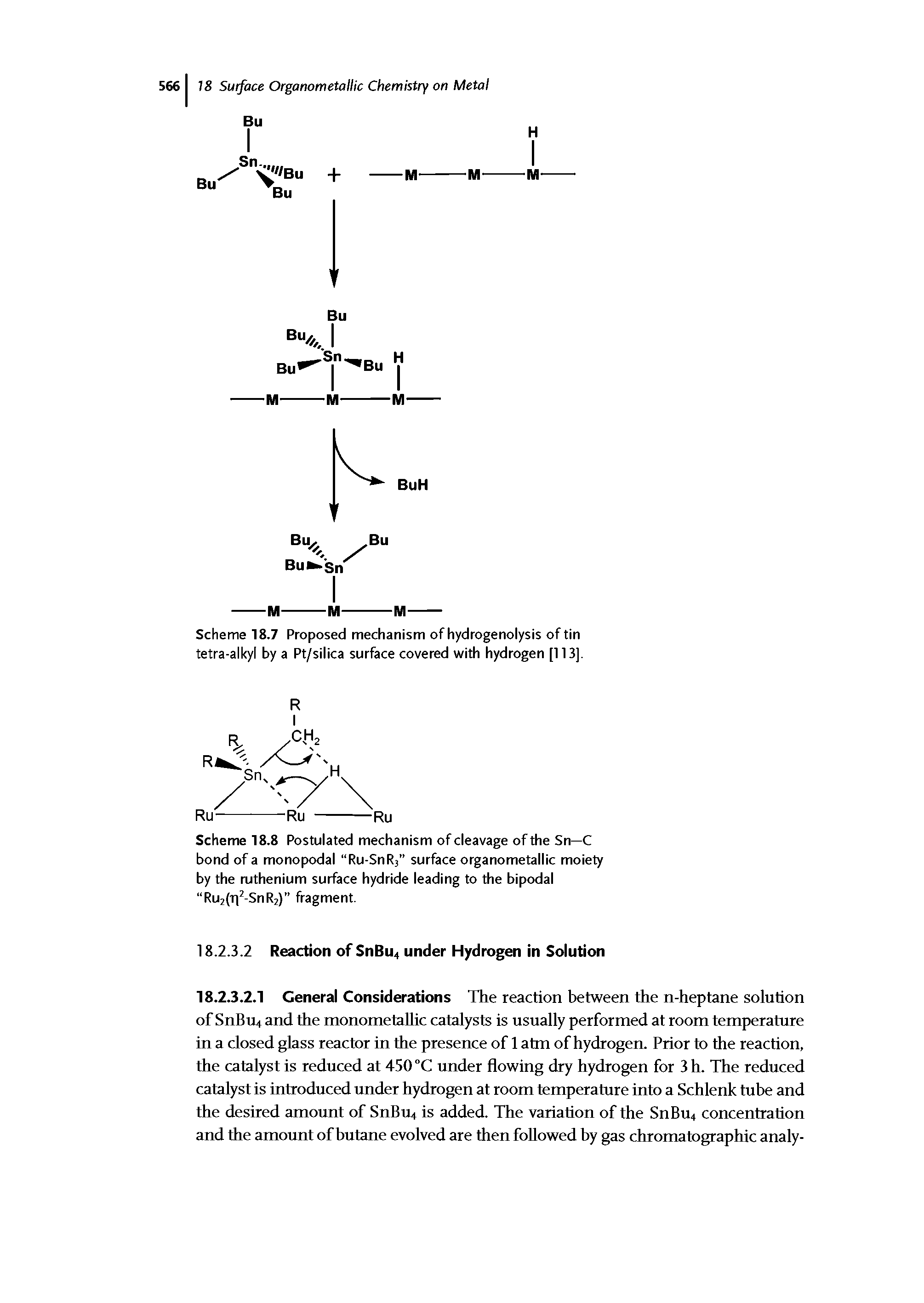 Scheme 18.7 Proposed mechanism of hydrogenolysis of tin tetra-alkyl by a Pt/silica surface covered with hydrogen [113],...