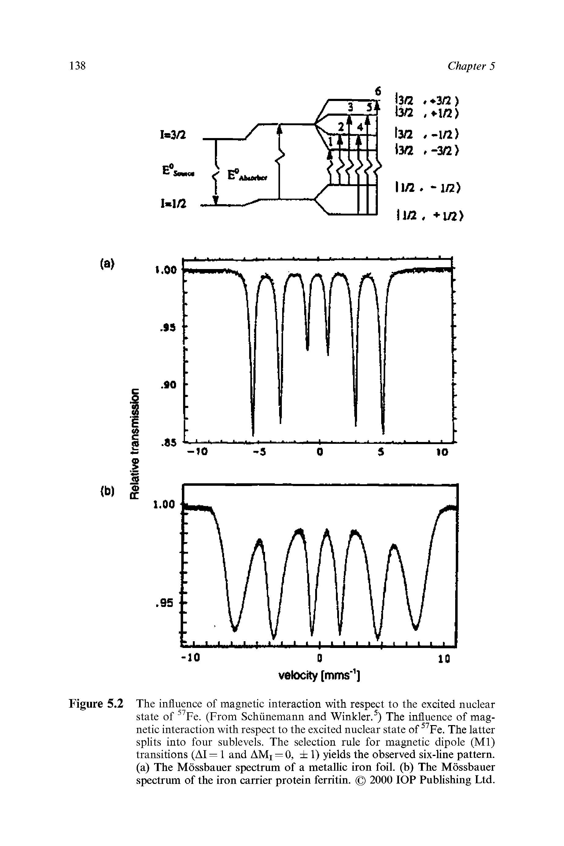 Figure 5.2 The influence of magnetic interaction with respect to the excited nuclear state of Fe. (From Schiinemann and Winkler. ) The influence of magnetic interaction with respect to the excited nuclear state of Fe. The latter splits into four sublevels. The selection rule for magnetic dipole (Ml) transitions (AI = 1 and AMi = 0, 1) yields the observed six-line pattern, (a) The Mossbauer spectrum of a metaUic iron foil, (b) The Mossbauer spectrum of the iron carrier protein ferritin. 2000 lOP Publishing Ltd.