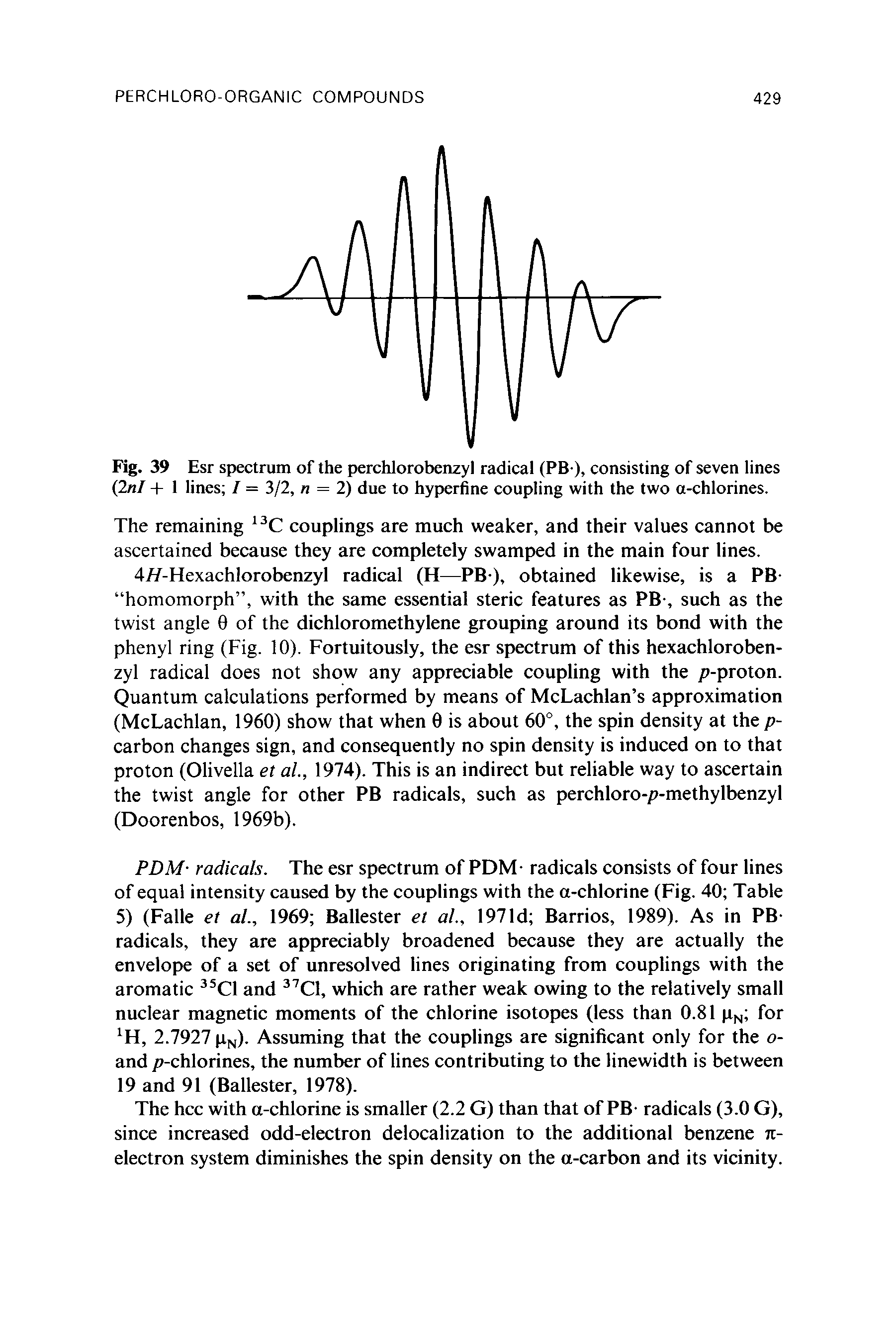 Fig. 39 Esr spectrum of the perchlorobenzyl radical (PB-), consisting of seven lines 2nl + 1 lines / = 3/2, n = 2) due to hyperfine coupling with the two a-chlorines.