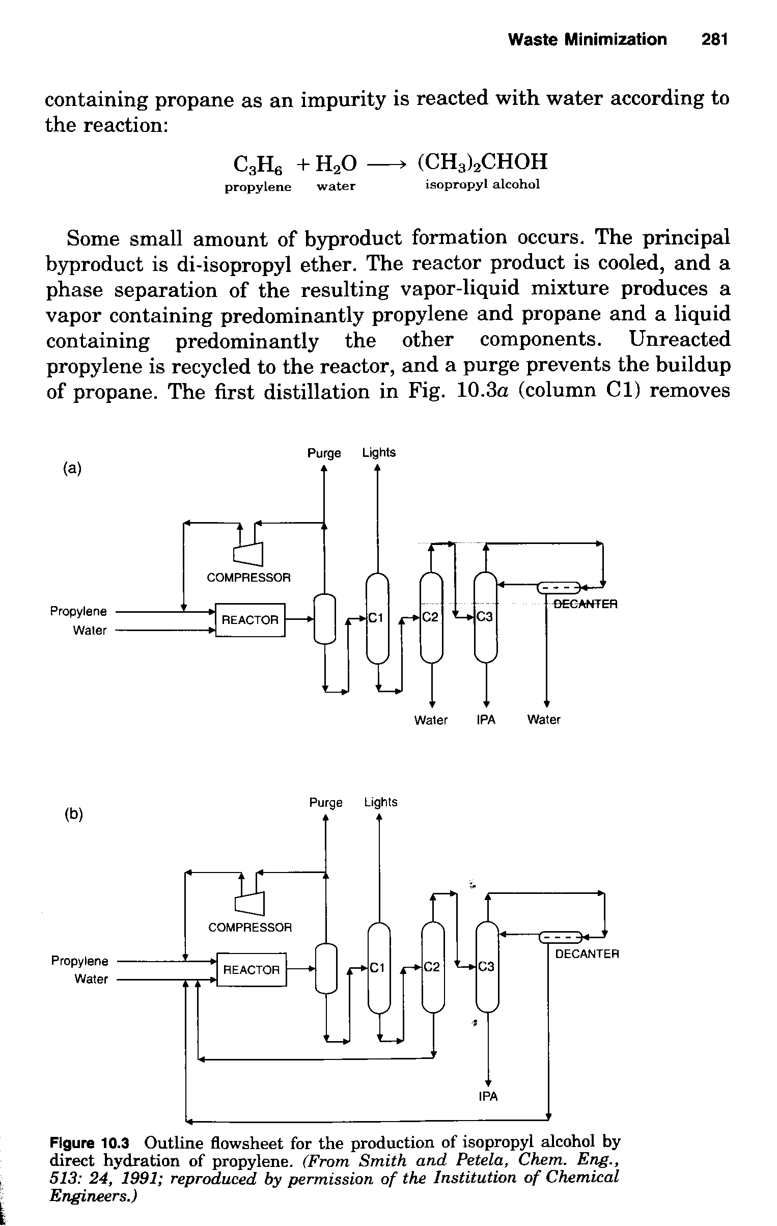Figure 10.3 Outline flowsheet for the production of isopropyl alcohol by direct hydration of propylene. (From Smith and Petela, Chem. Eng., 513 24, 1991 reproduced by permission of the Institution of Chemical Engineers.)...