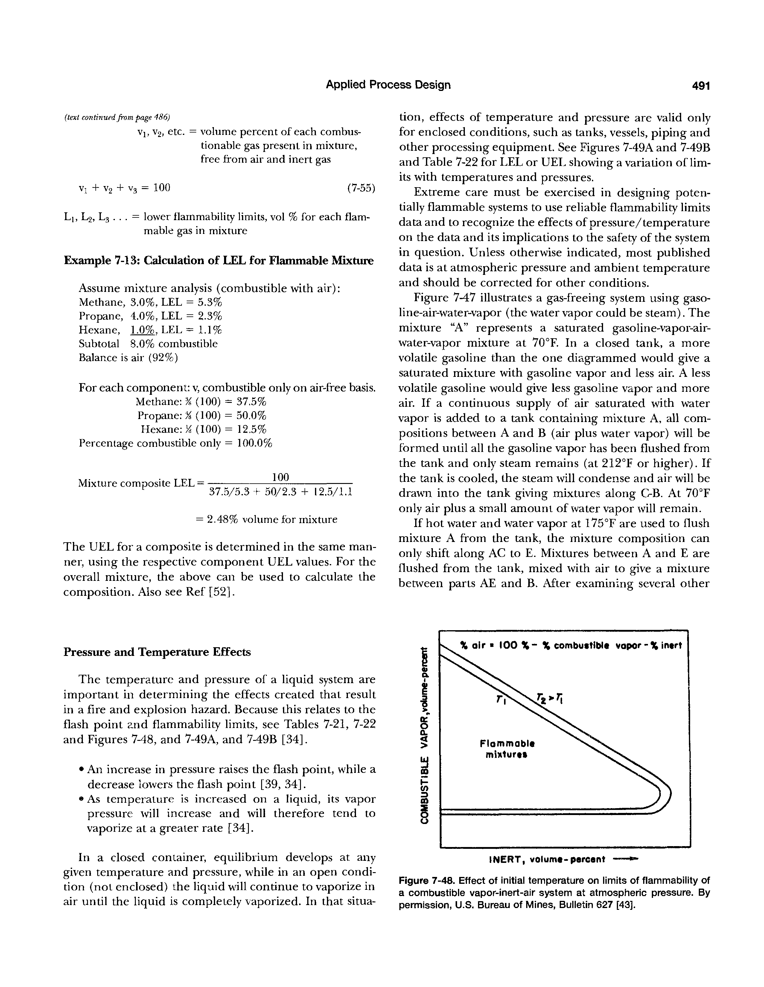 Figure 7-48. Effect of initial temperature on limits of flammability of a combustible vapor-inert-air system at atmospheric pressure. By permission, U.S. Bureau of Mines, Bulletin 627 [43].
