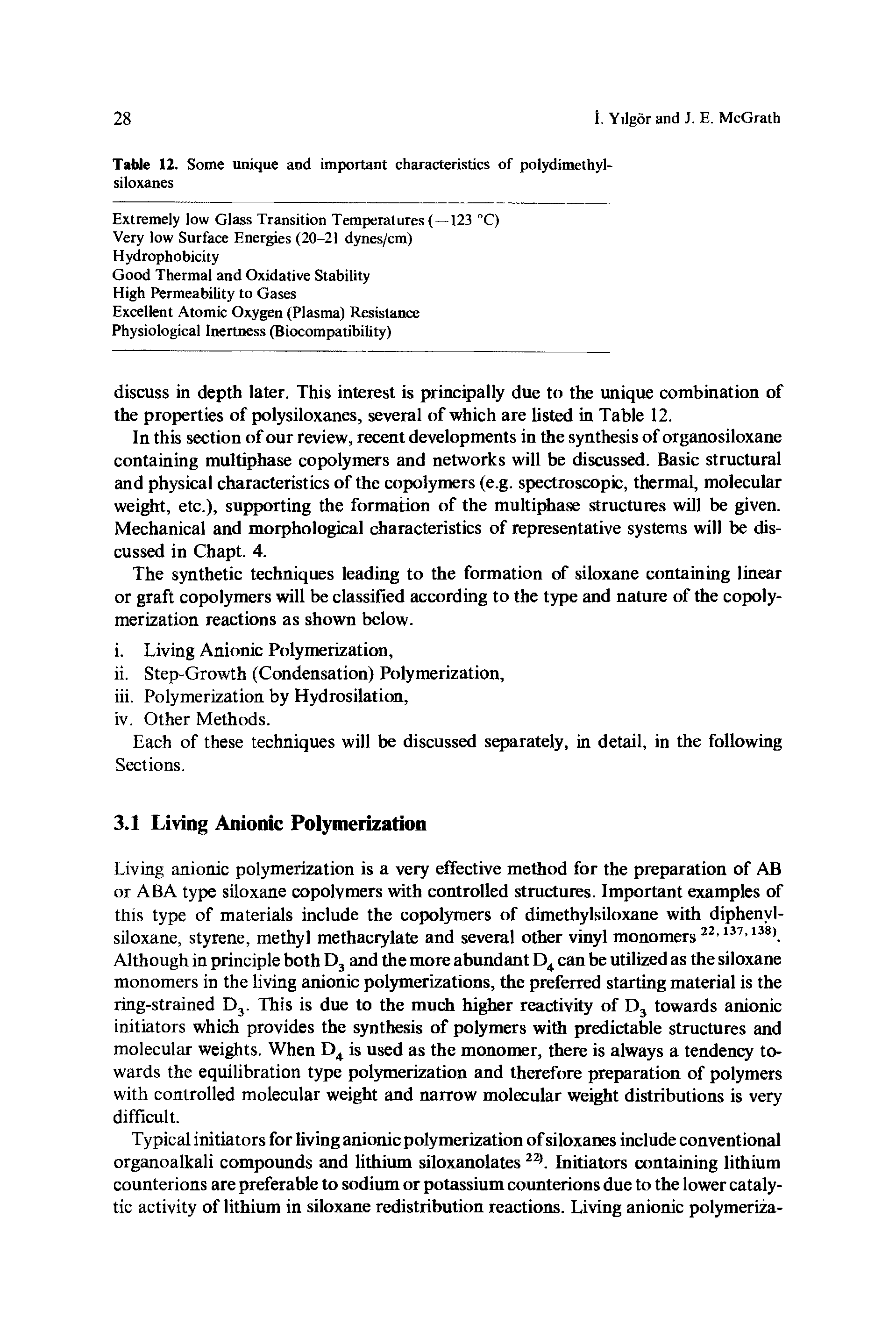 Table 12. Some unique and important characteristics of polydimethyl-siloxanes...