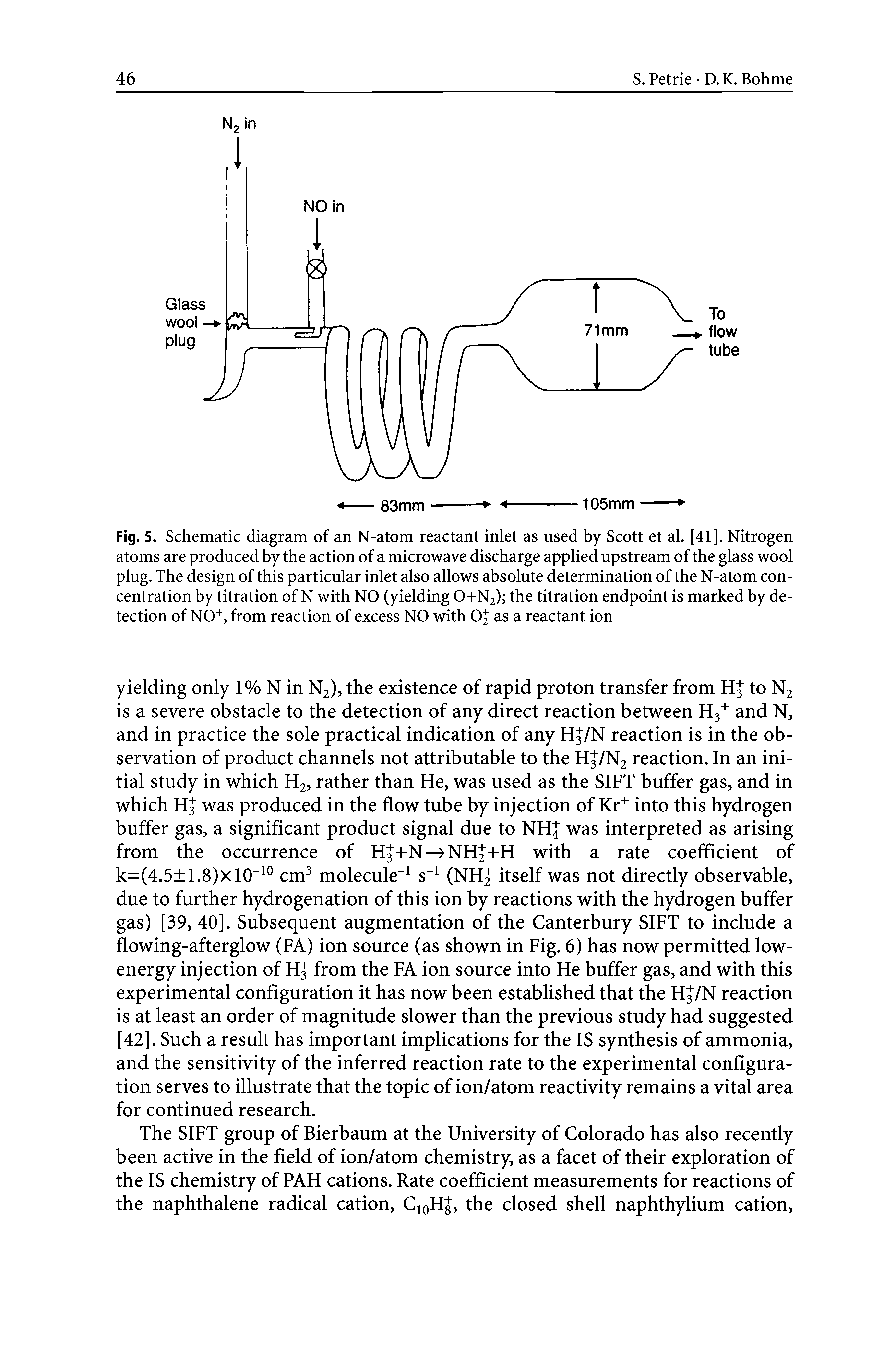 Fig. 5. Schematic diagram of an N-atom reactant inlet as used by Scott et al. [41]. Nitrogen atoms are produced by the action of a microwave discharge applied upstream of the glass wool plug. The design of this particular inlet also allows absolute determination of the N-atom concentration by titration of N with NO (yielding 0+N2) the titration endpoint is marked by detection of NO+, from reaction of excess NO with OJ as a reactant ion...