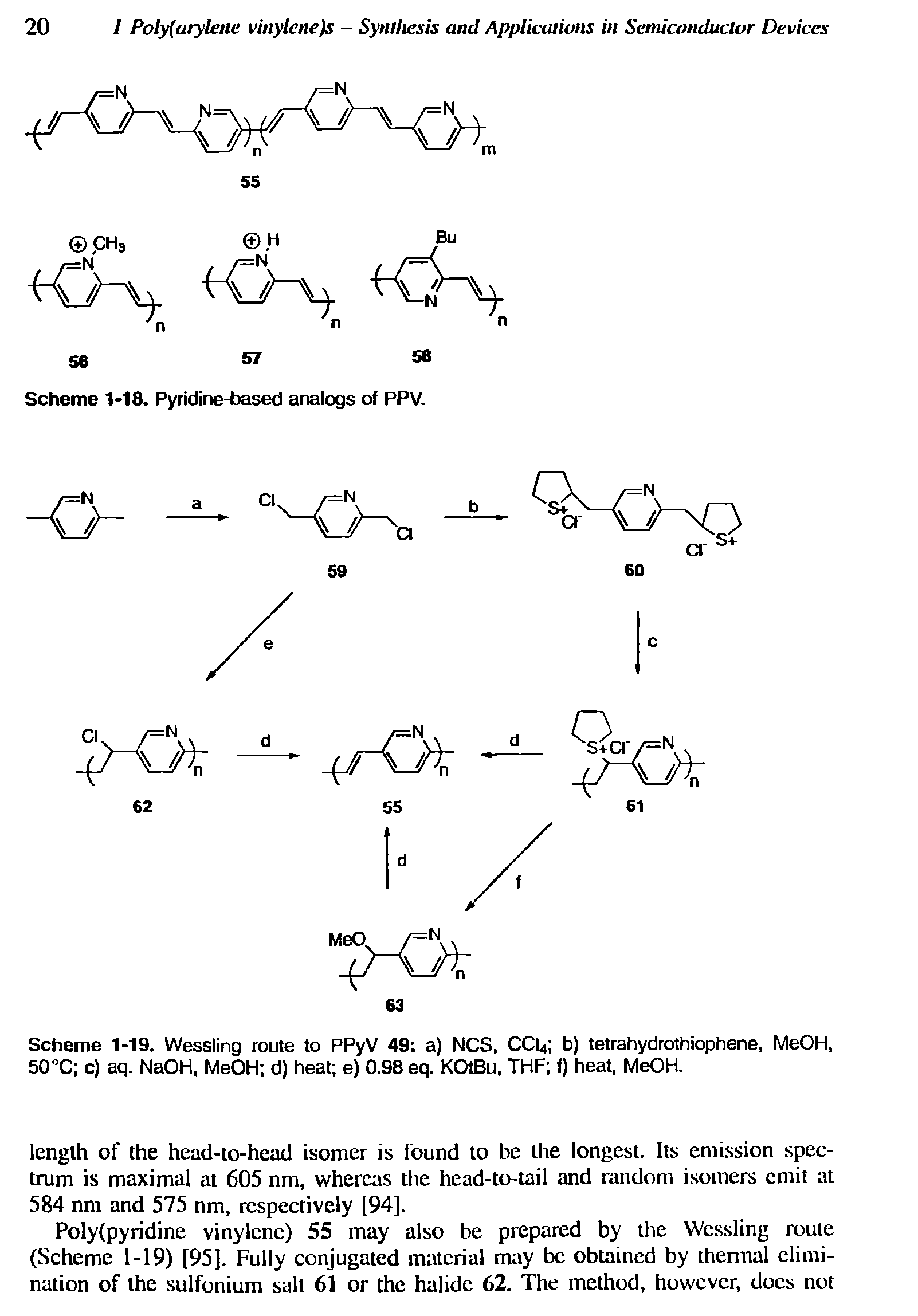 Scheme 1-19. Wessling route to PPyV 49 a) NCS, CCU b) tetrahydrothiophene, MeOH, 50 °C c) aq. NaOH, MeOH d) heat e) 0.98 eq. KOtBu, THF f) heat, MeOH.