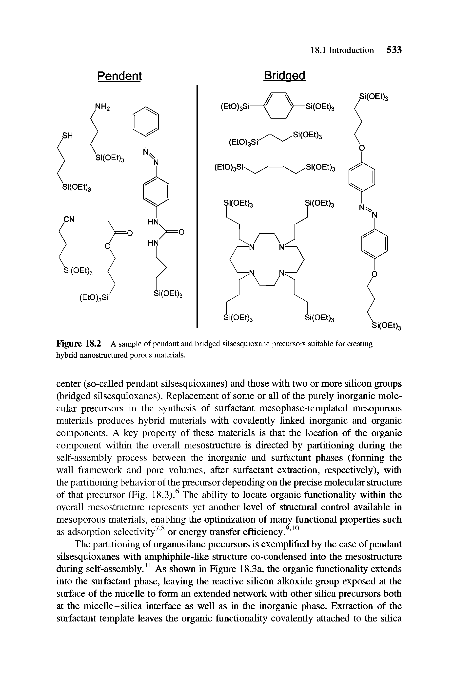Figure 18.2 A sample of pendant and bridged silsesquioxane precursors suitable for creating hybrid nanostructured porous materials.