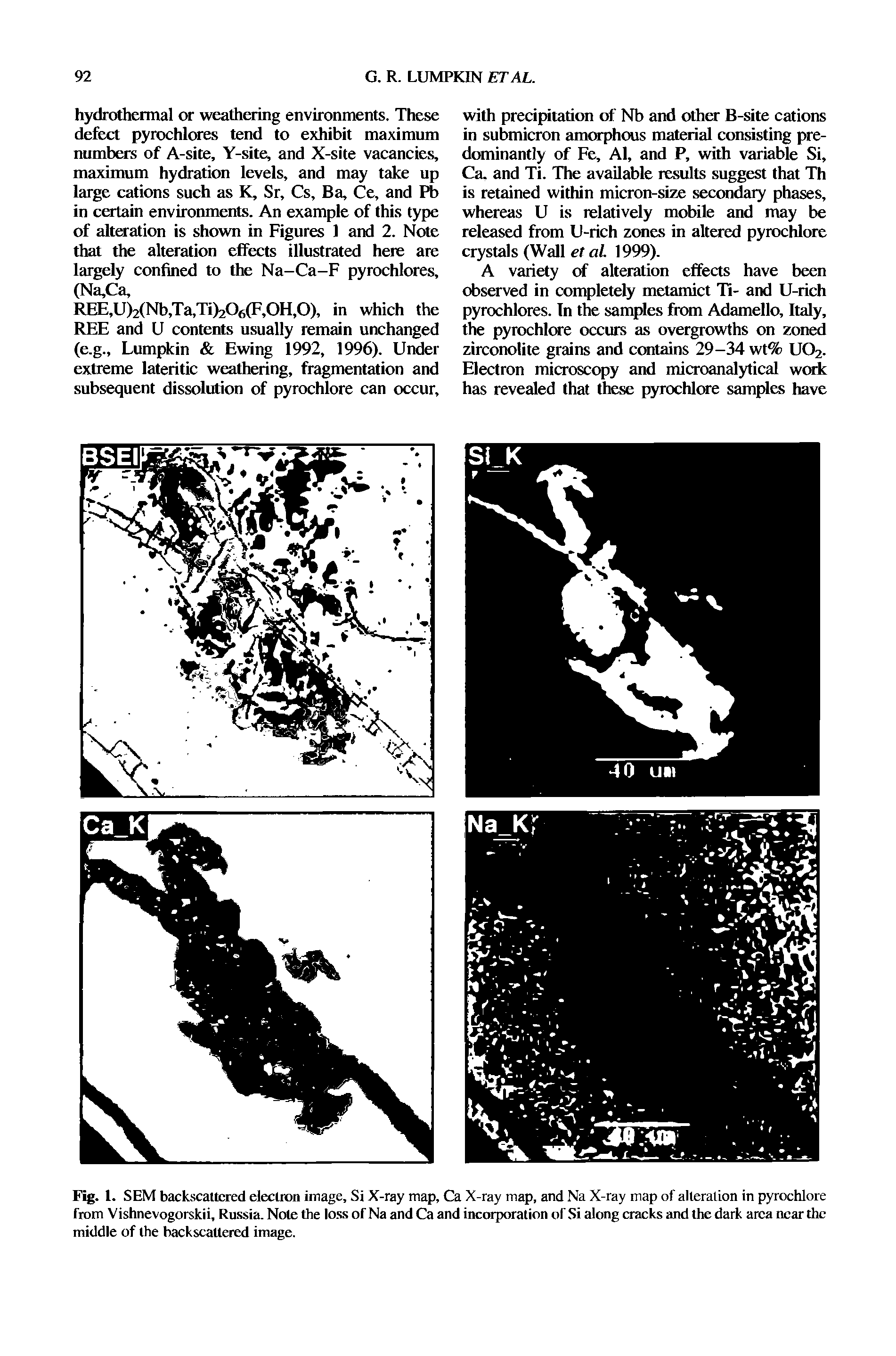 Fig. 1. SEM backscattered electron image, Si X-ray map, Ca X-ray map, and Na X-ray map of alteration in pyrochlore from Vishnevogorskii, Russia. Note the loss of Na and Ca and incorporation of Si along cracks and the dark area near the middle of the backseaUered image.