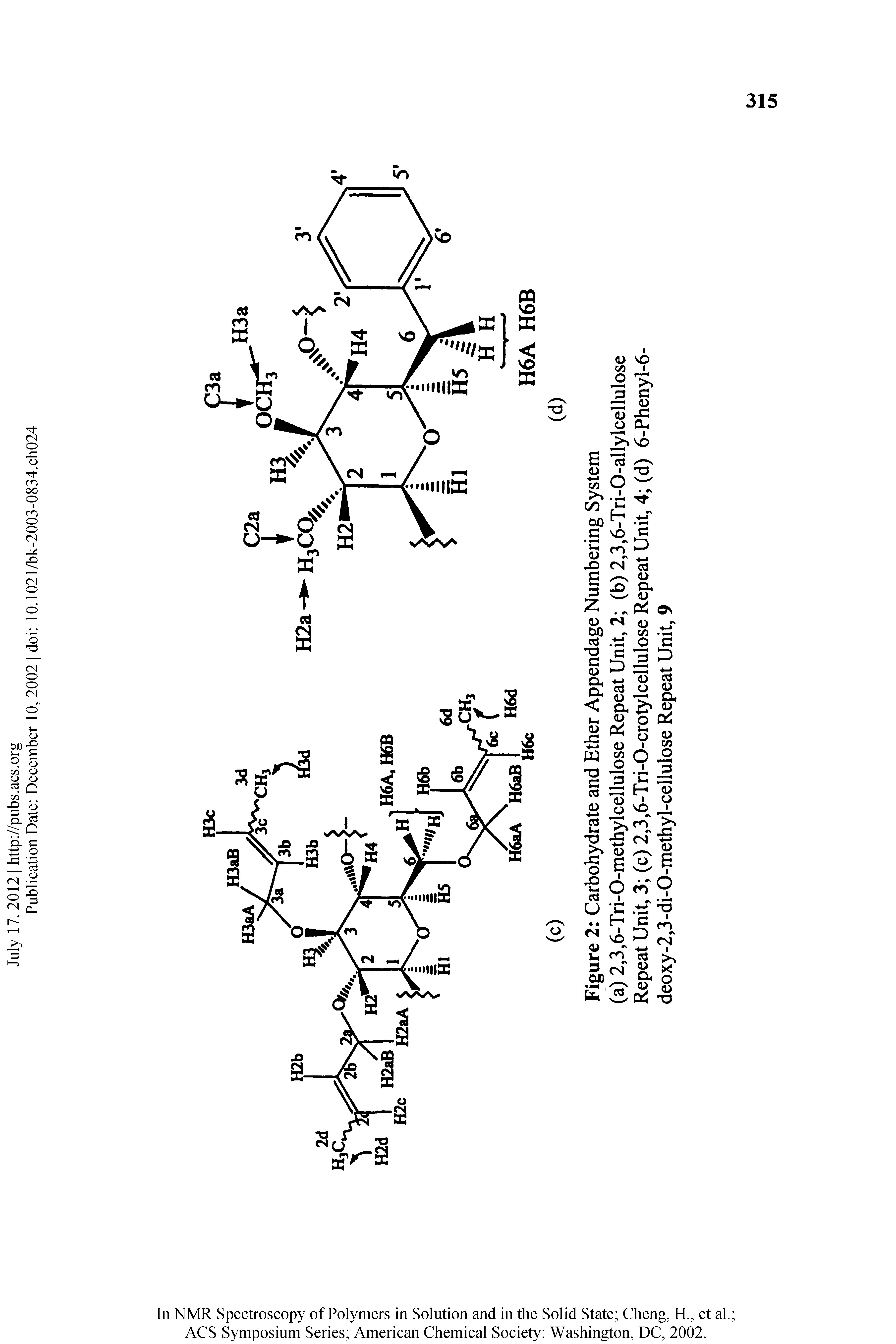 Figure 2 Carbohydrate and Ether Appendage Numbering System (a) 2,3,6-Tri-O-methylcellulose Repeat Unit, 2 (b) 2,3,6-Tri-O-allylcellulose Repeat Unit, 3 (c) 2,3,6-Tri-O-crotylcellulose Repeat Unit, 4 (d) 6-Phenyl-6-deoxy-2,3-di-0-methyl-cellulose Repeat Unit, 9...