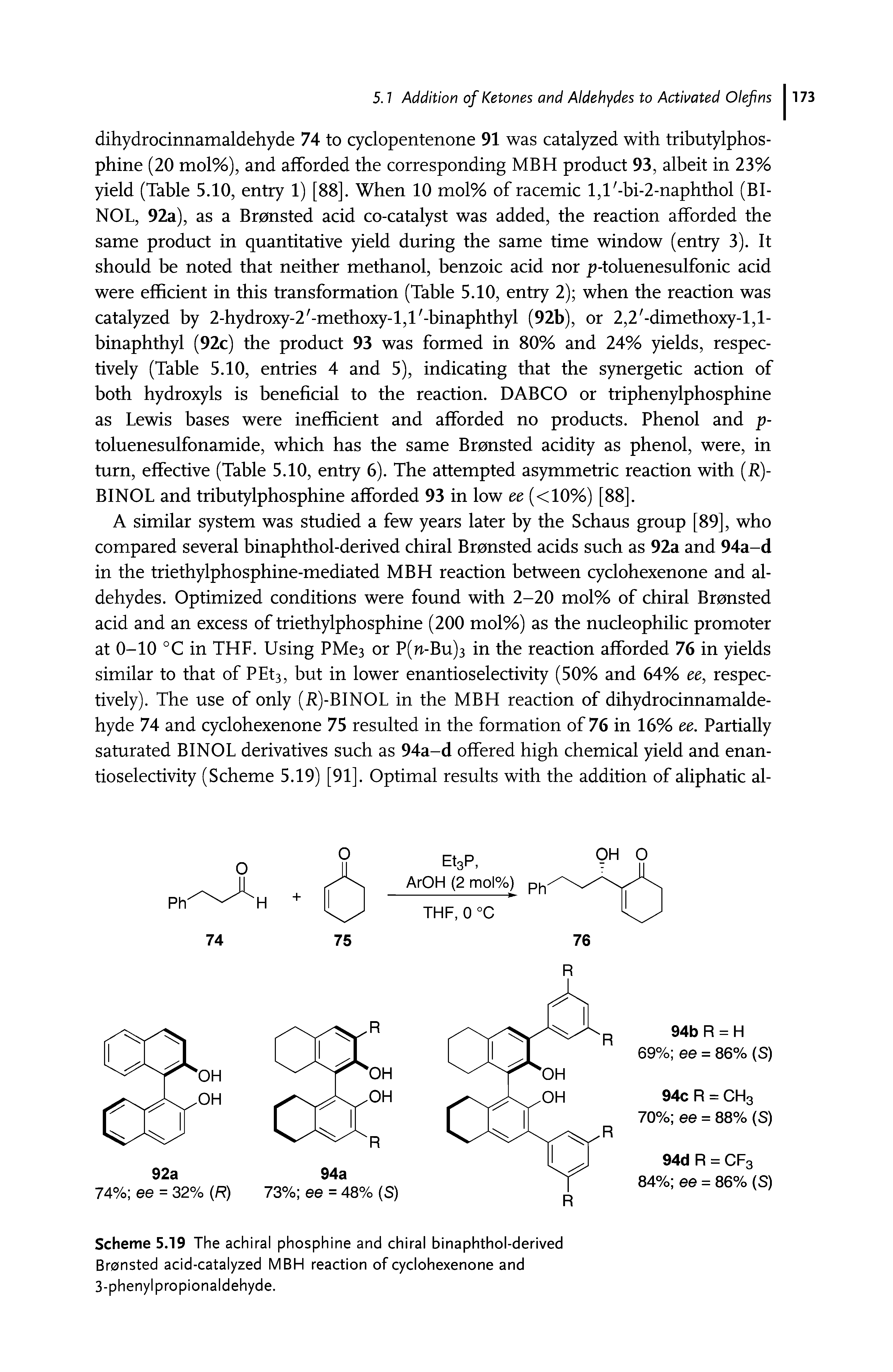 Scheme 5.19 The achiral phosphine and chiral binaphthol-derived Bronsted acid-catalyzed MBH reaction of cyclohexenone and 3-phenyl propionaldehyde.