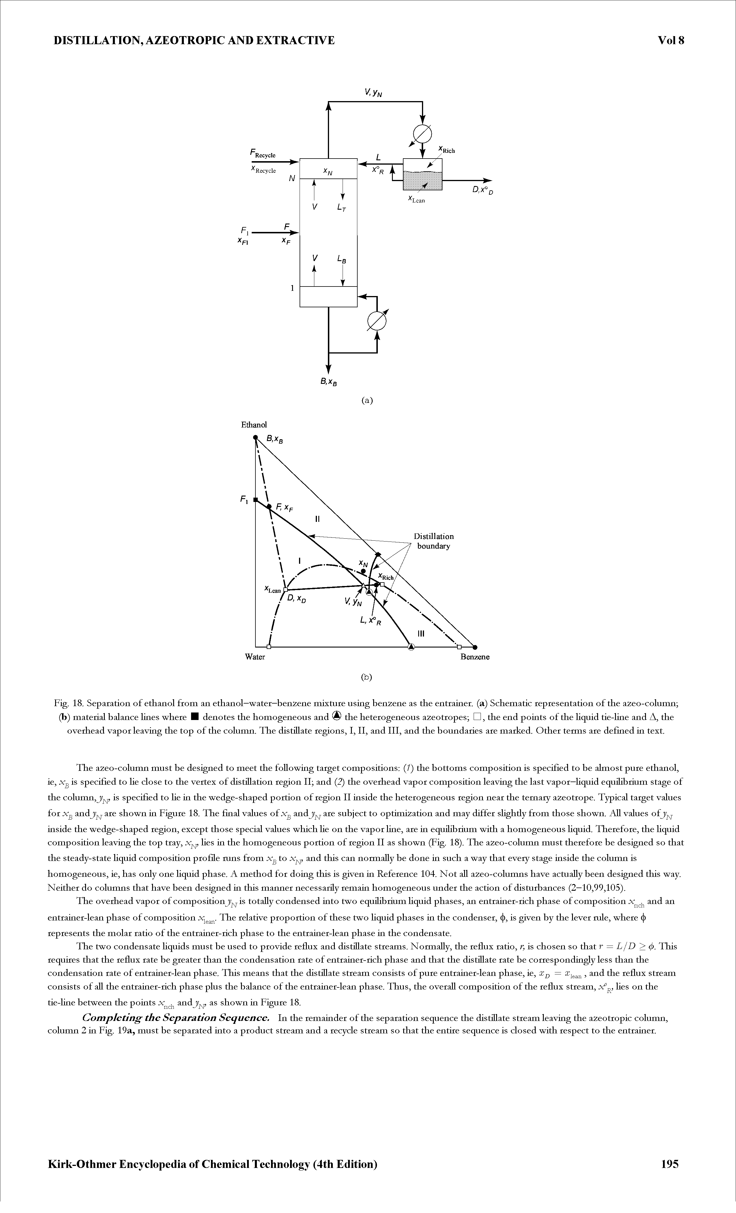 Fig. 18. Separation of ethanol from an ethanol—water—benzene mixture using benzene as the entrainer. (a) Schematic representation of the azeo-column (b) material balance lines where I denotes the homogeneous and the heterogeneous azeotropes D, the end points of the Hquid tie-line and A, the overhead vapor leaving the top of the column. The distillate regions, I, II, and III, and the boundaries are marked. Other terms are defined in text.