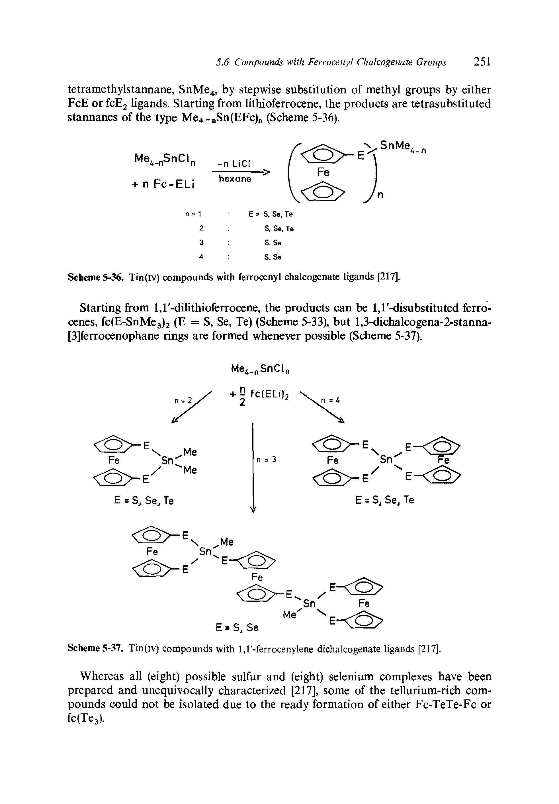 Scheme 5-36. Tin(iv) compounds with ferrocenyl chalcogenate ligands [217].
