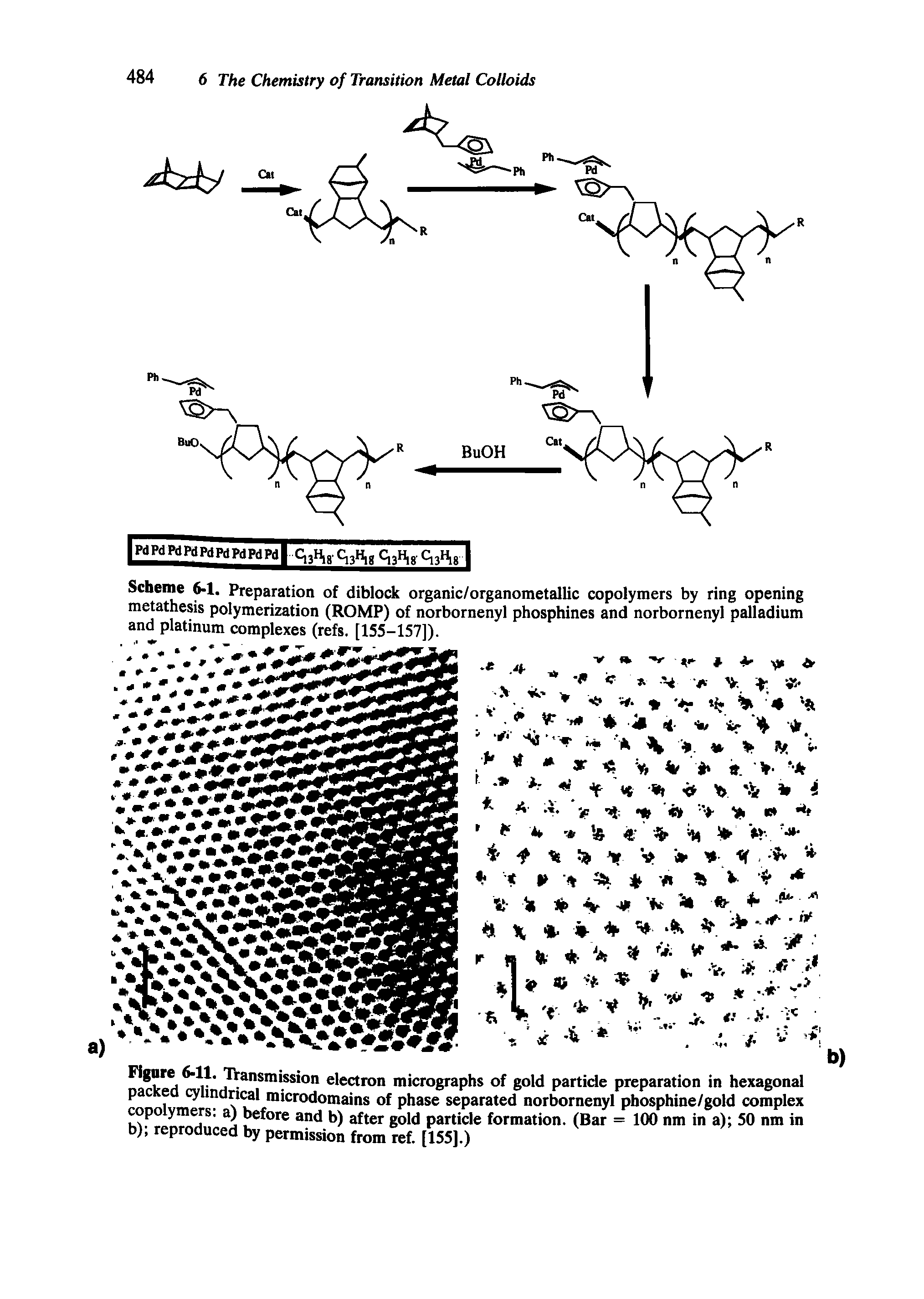 Figure 6-11. T smisston electron micrographs of gold partide preparation in hexagonal packed cylindrical microdomains of phase separated norbornenyl phosphine/gold complex copolymCTs a) before and b) after gold particle formation. (Bar = 100 nm in a) 50 nm in b) reproduced by permission from ref. [155J.)...