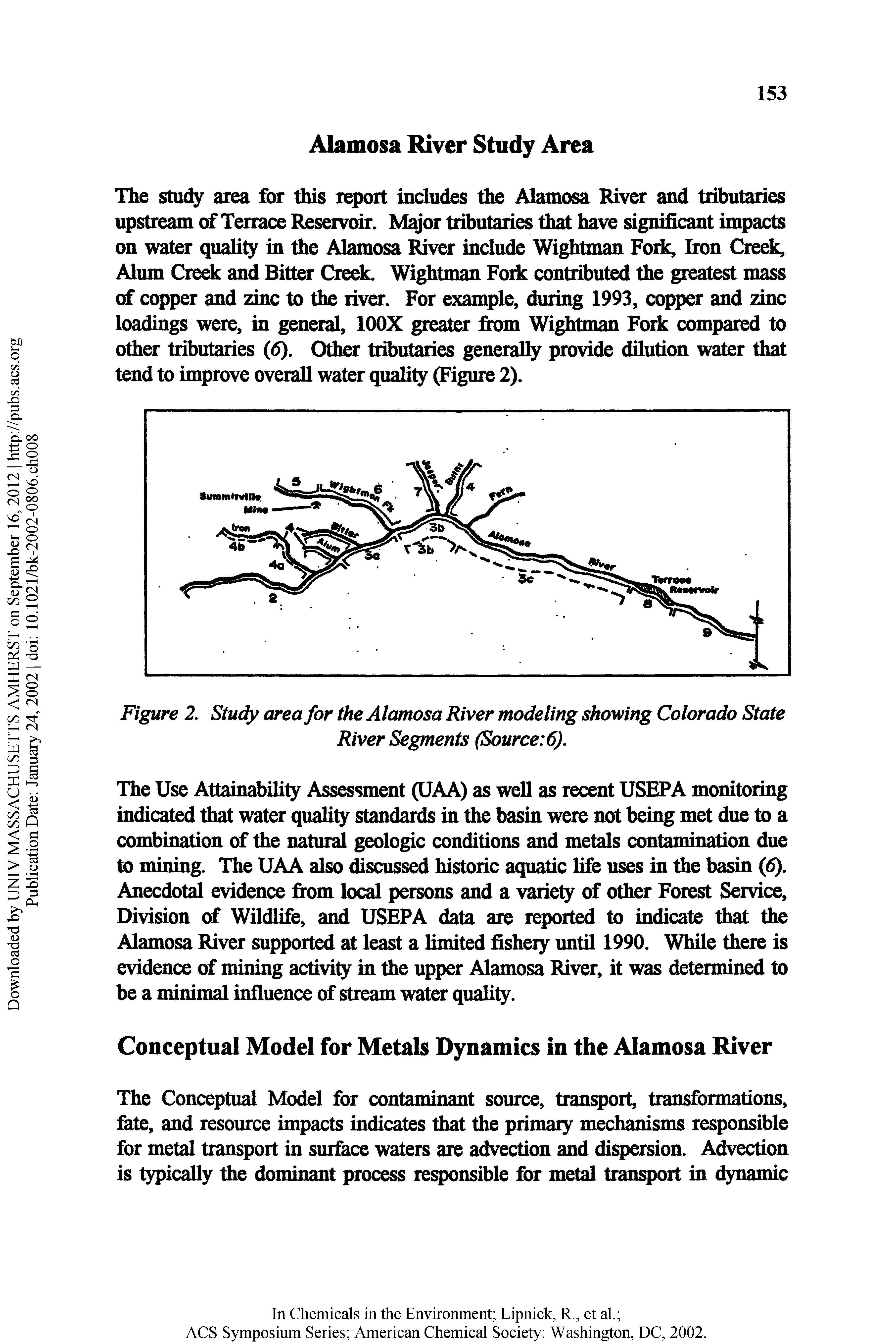 Figure 2. Stu<fy area for the Alamosa River modeling showing Colorado State River Segments (Source 6).