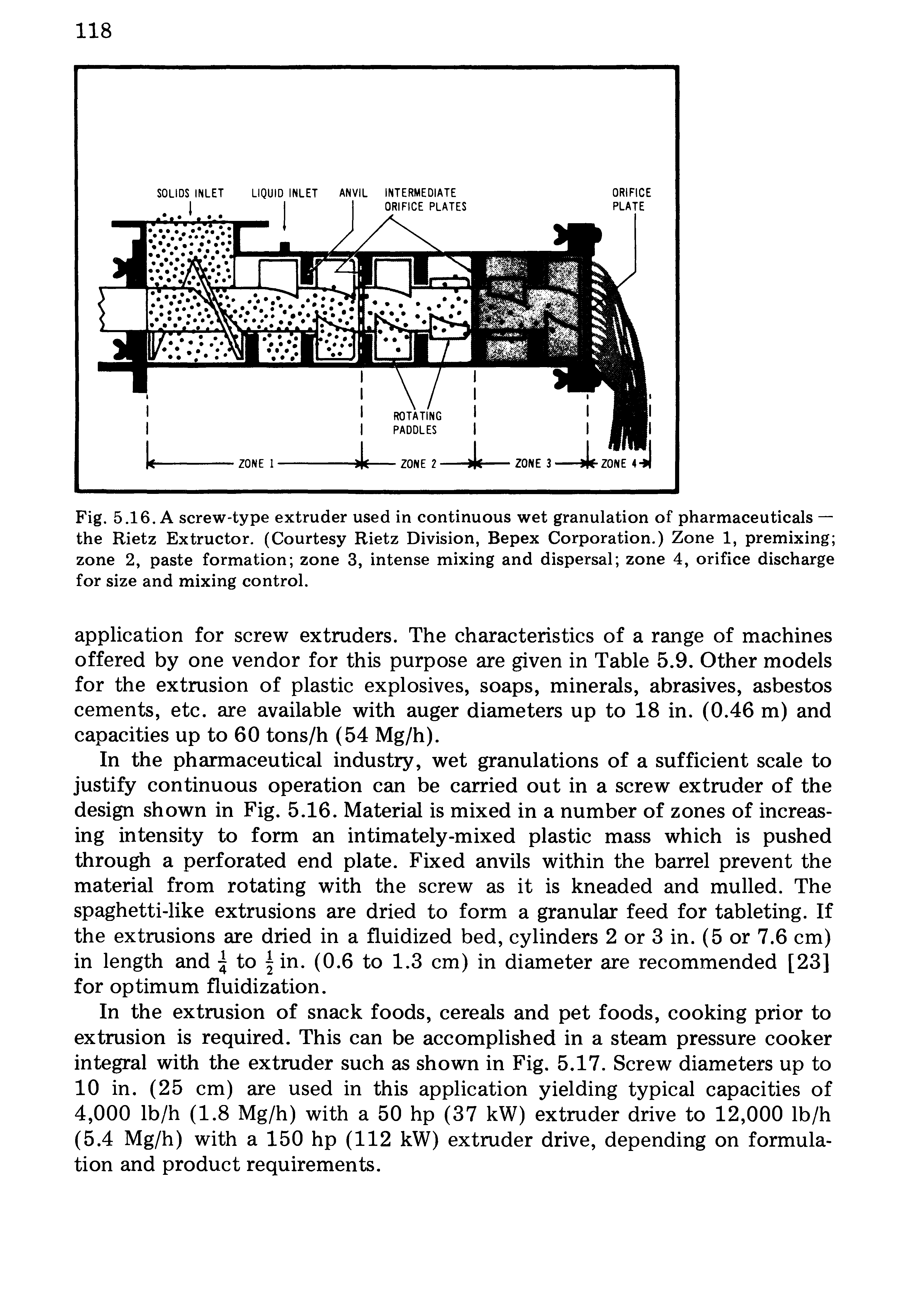 Fig. 5.16. A screw-type extruder used in continuous wet granulation of pharmaceuticals — the Rietz Extructor. (Courtesy Rietz Division, Bepex Corporation.) Zone 1, premixing zone 2, paste formation zone 3, intense mixing and dispersal zone 4, orifice discharge for size and mixing control.
