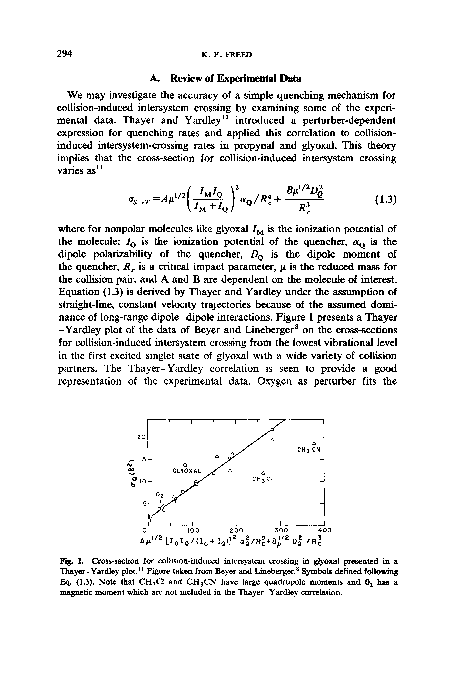 Fig. 1. Cross-section for collision-induced intersystem crossing in glyoxal presented in a Thayer-Yardley plot." Figure taken from Beyer and Lineberger. Symbols defined following Eq. (1.3). Note that CHjCl and CH3CN have large quadrupole moments and Oj has a magnetic moment which are not included in the Thayer-Yardley correlation.