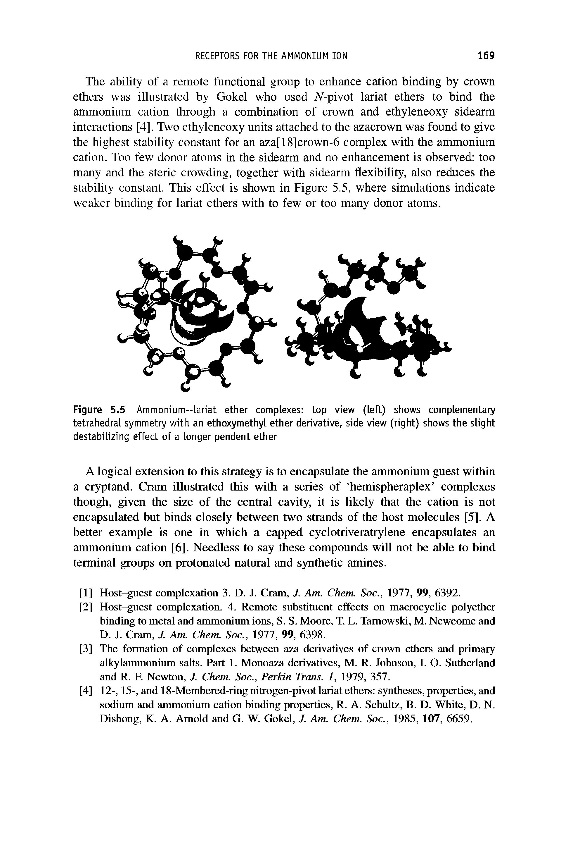 Figure 5.5 Ammonium--Lariat ether complexes top view (left) shows complementary tetrahedral symmetry with an ethoxymethyl ether derivative, side view (right) shows the slight destabilizing effect of a longer pendent ether...