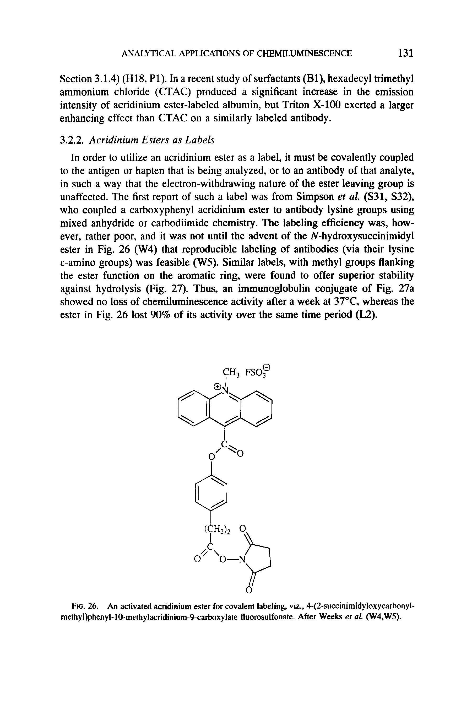 Fig. 26. An activated acridinium ester for covalent labeling, viz., 4-(2-succinimidyloxycarbonyl-methyl)phenyl-IO-methylacridinium-9-carboxylate fluorosulfonate. After Weeks et al. (W4,W5).