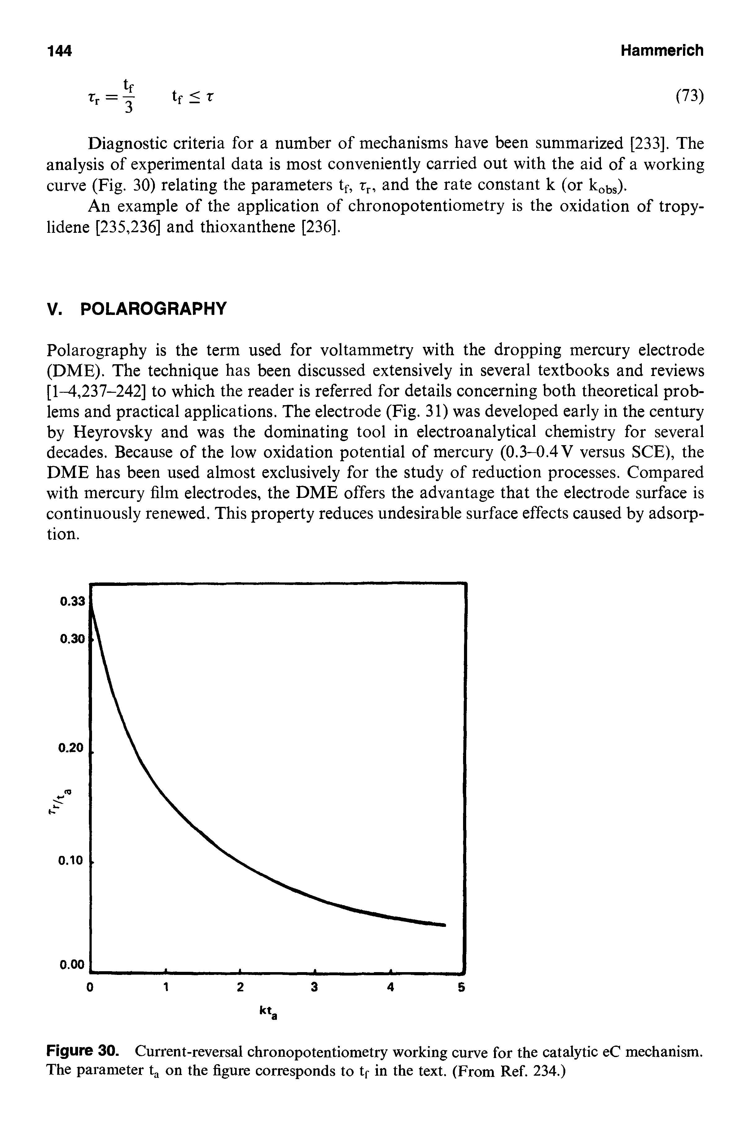 Figure 30. Current-reversal chronopotentiometry working curve for the catalytic eC mechanism. The parameter tg on the figure corresponds to tp in the text. (From Ref. 234.)...