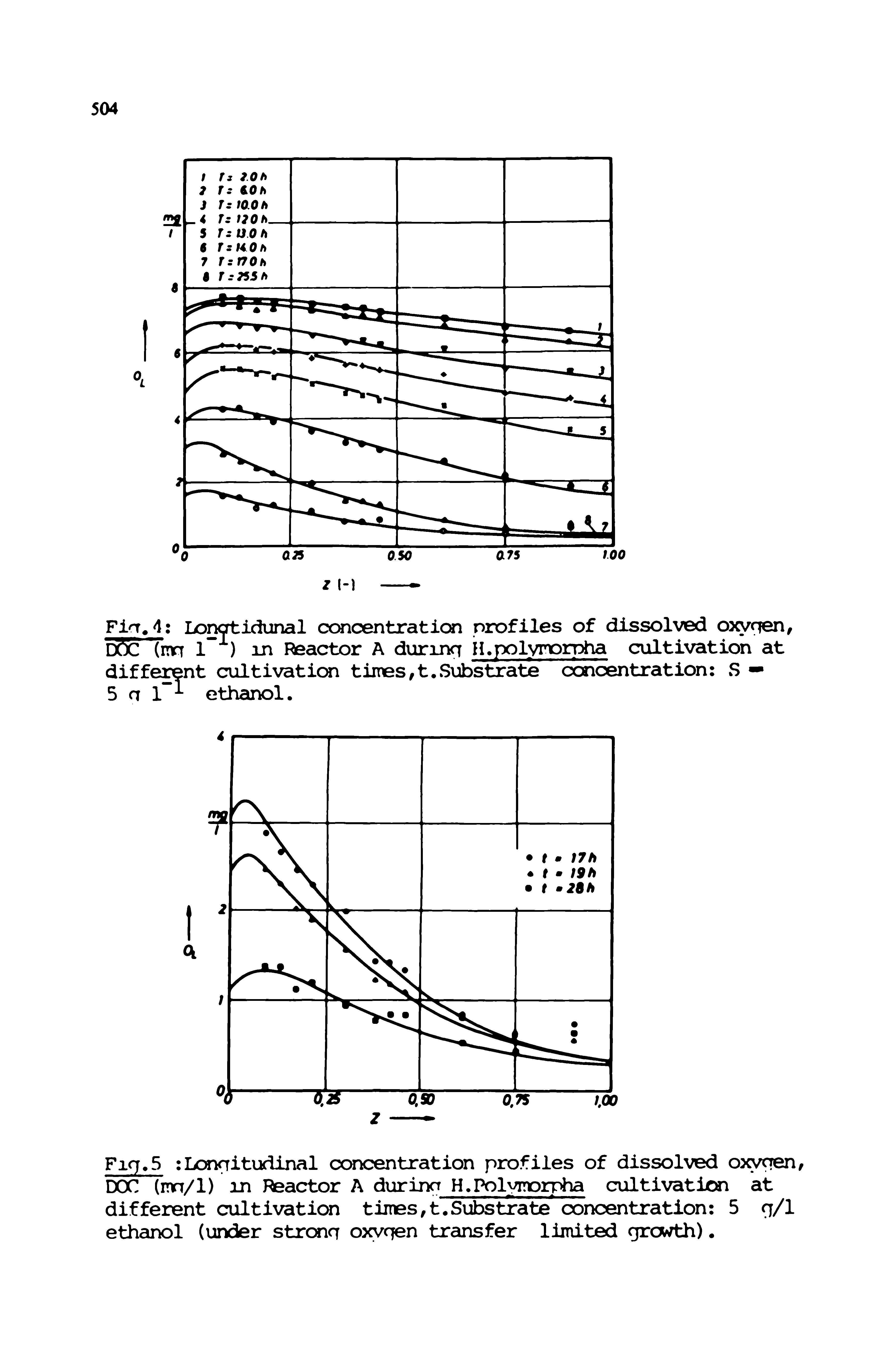 Fig. 5 Longitudinal ccaicentration profiles of dissolved owgen, DOC (mn/1) in Reactor A durinn H.Polymorrtia cultivation at different cultivation times,t.Substrate concentration 5 g/1 ethanol (under strong owgen transfer limited growth).