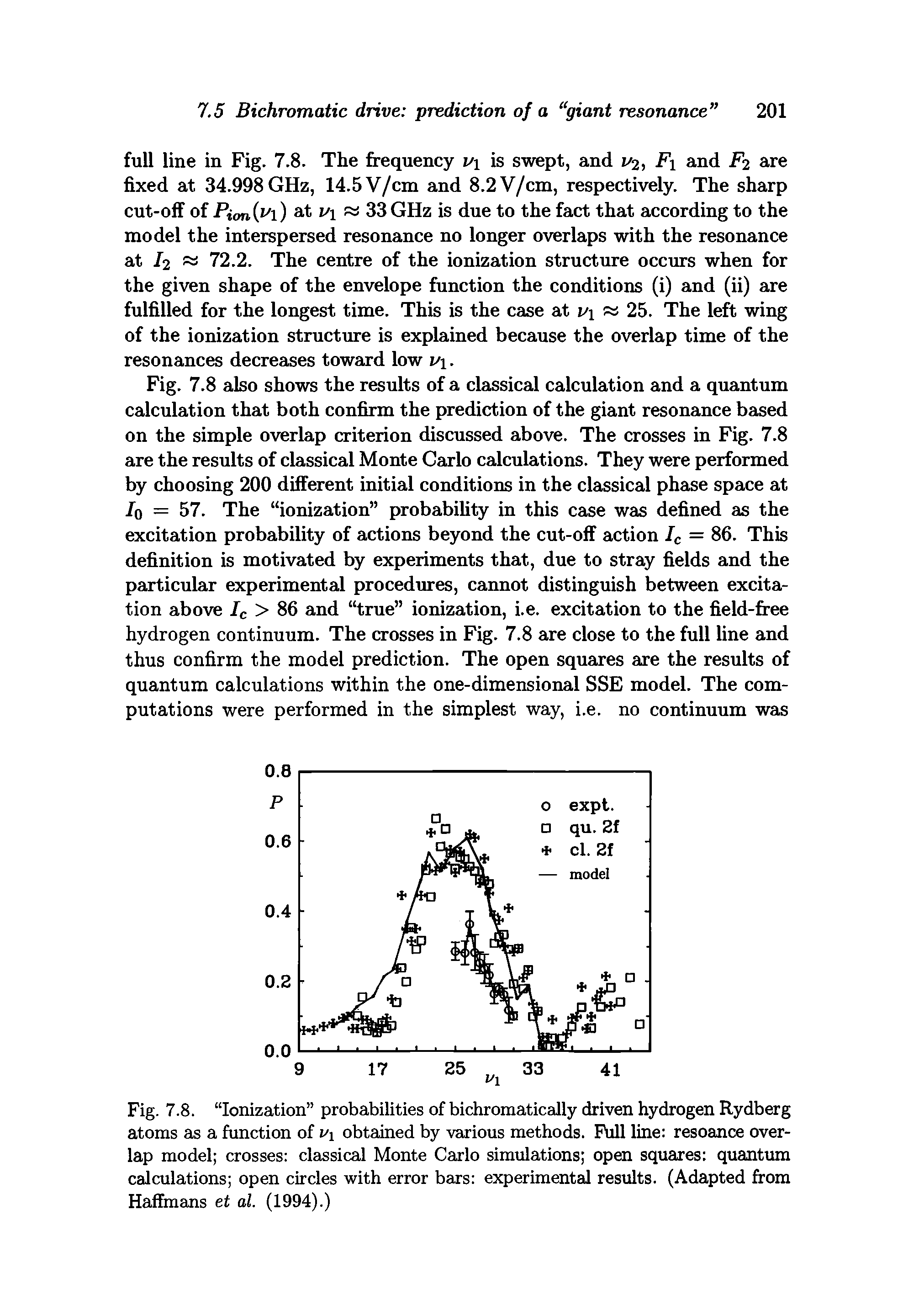 Fig. 7.8. Ionization probabilities of bichromatically driven hydrogen Rydberg atoms as a function of ui obtained by various methods. Ftdl line resoance overlap model crosses classical Monte Carlo simulations open squares quantum calculations open circles with error bars experimental results. (Adapted from Haffmans et al. (1994).)...