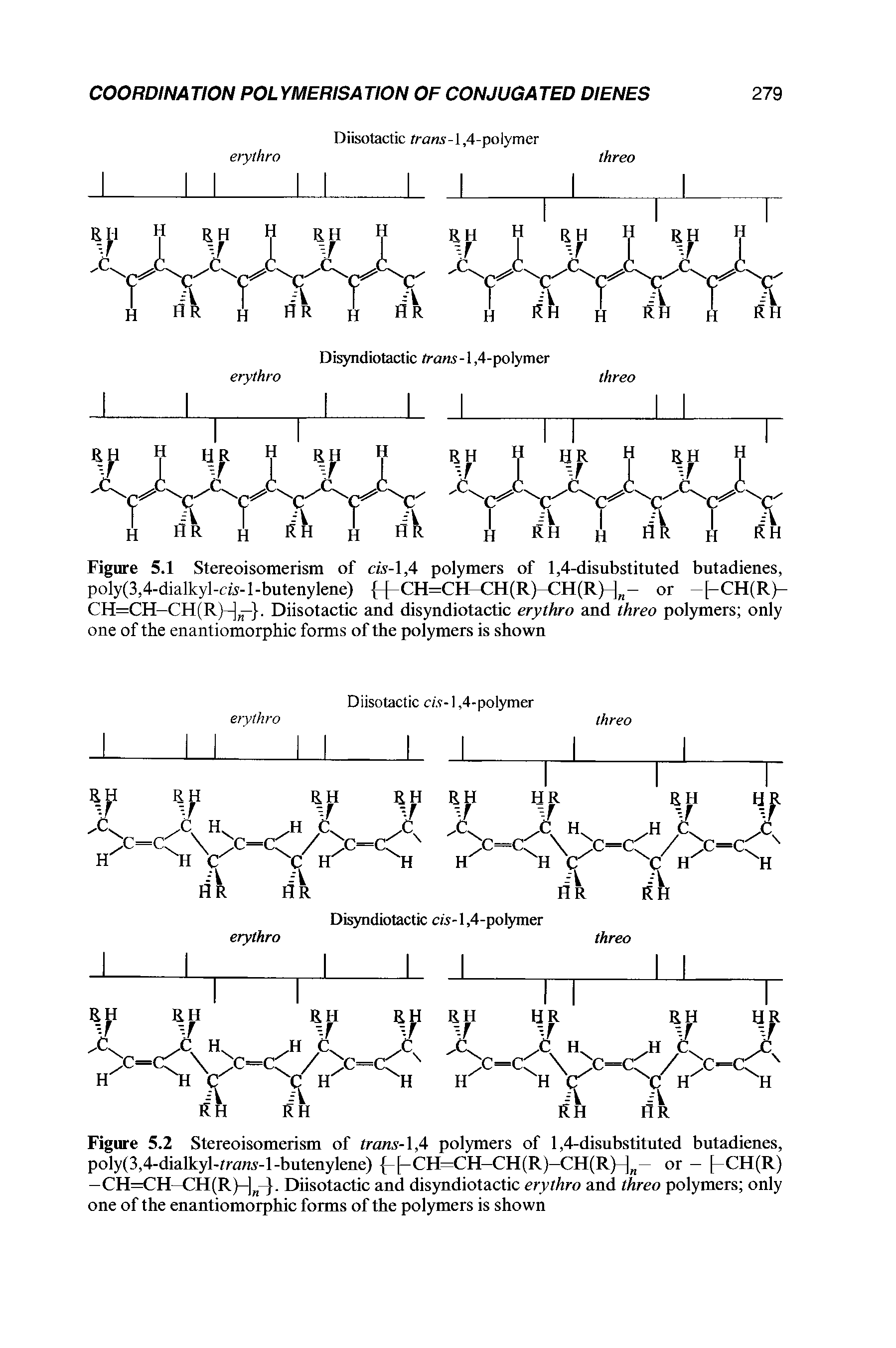 Figure 5.1 Stereoisomerism of cis-, A polymers of 1,4-disubstituted butadienes, poly(3,4-dialkyl-cw-l-butenylene) CH=CH CH(R) CH(R) n- or [-CH(R>-CH=CH—CH(R)—] —. Diisotactic and disyndiotactic erythro and threo polymers only one of the enantiomorphic forms of the polymers is shown...
