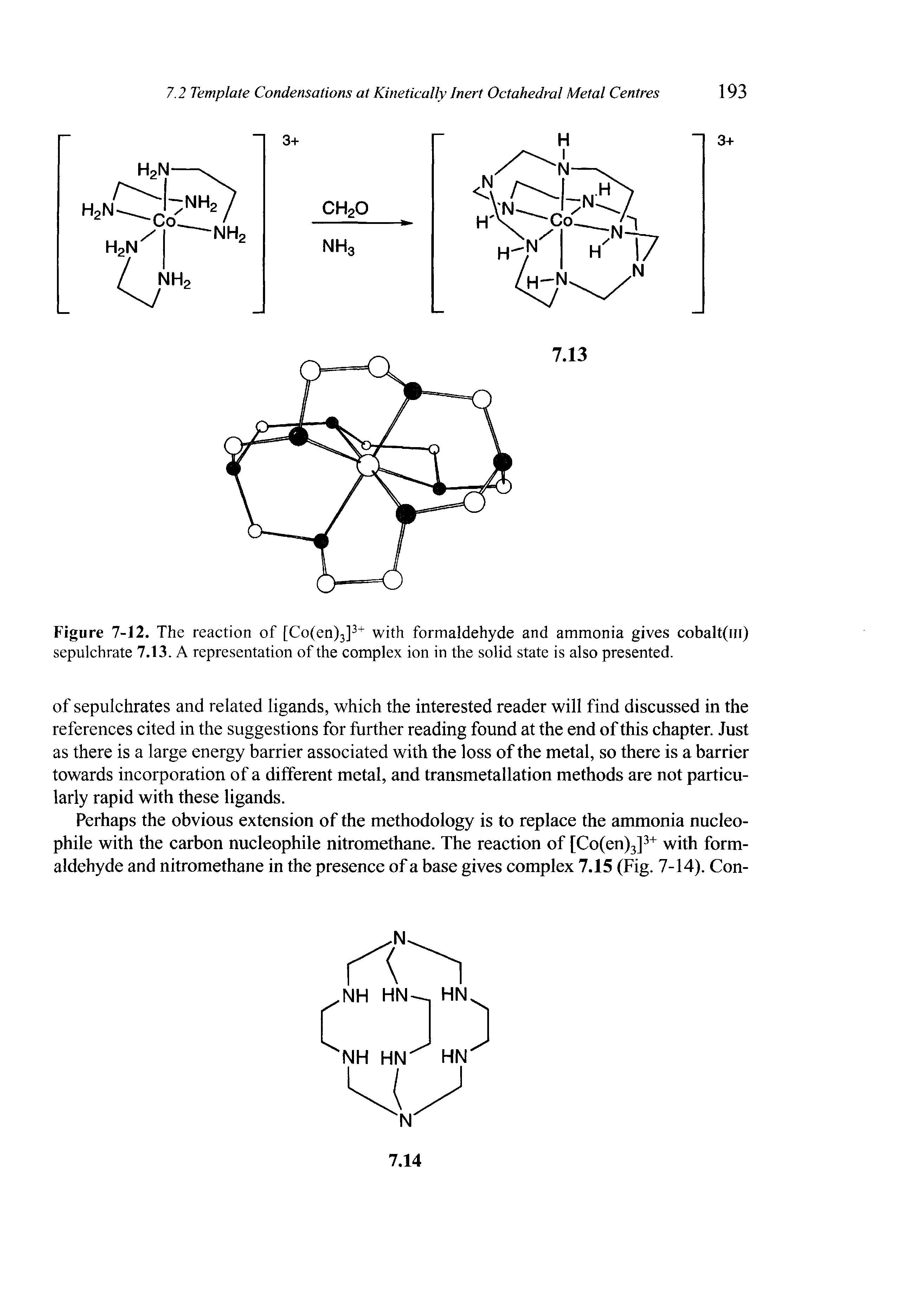 Figure 7-12. The reaction of [Co(en)3]3+ with formaldehyde and ammonia gives cobalt(m) sepulchrate 7.13. A representation of the complex ion in the solid state is also presented.