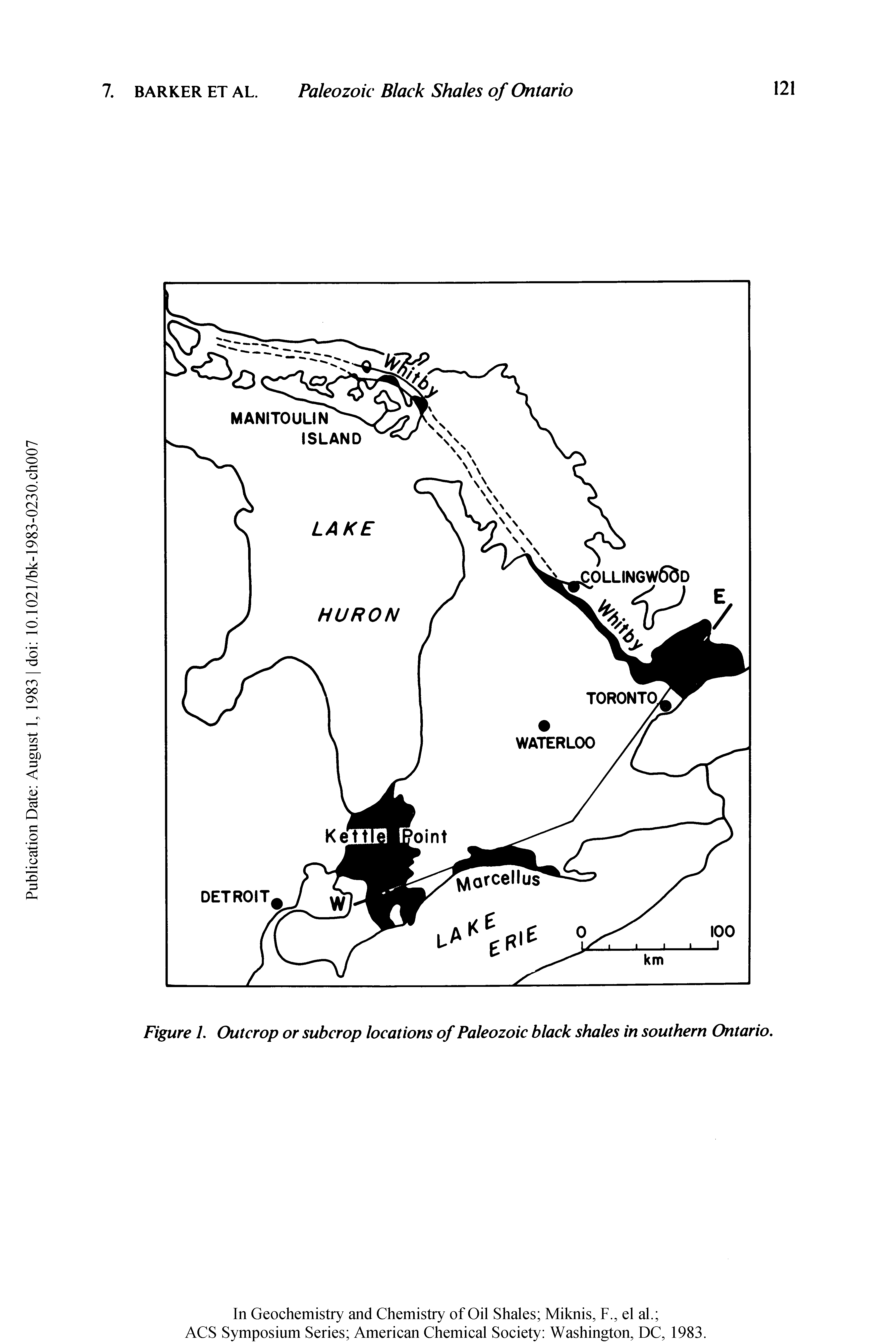 Figure 1. Outcrop or subcrop locations of Paleozoic black shales in southern Ontario.