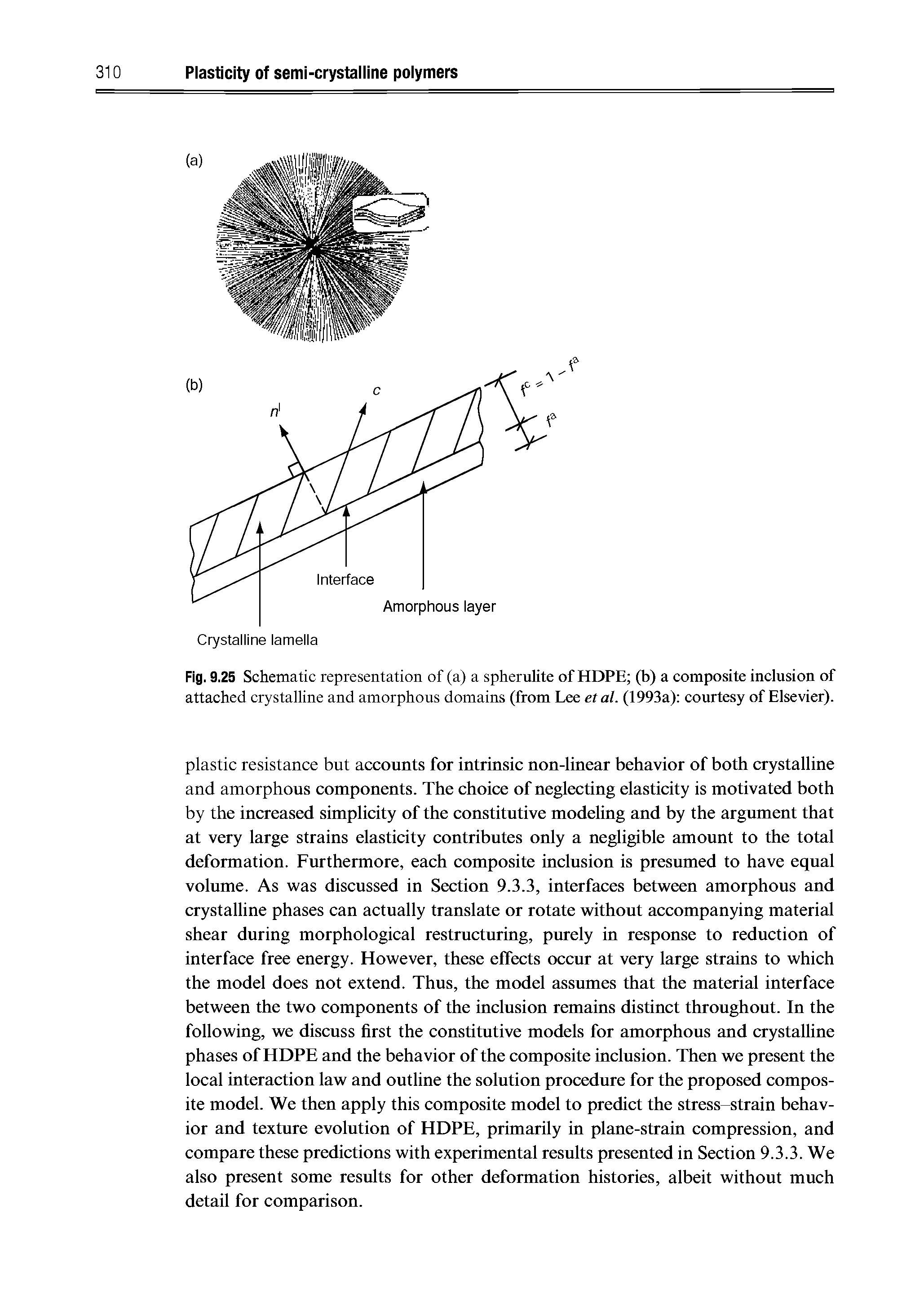 Fig. 9.25 Schematic representation of (a) a spherulite of HDPE (b) a composite inclusion of attached crystalline and amorphous domains (from Lee etal. (1993a) courtesy of Elsevier).