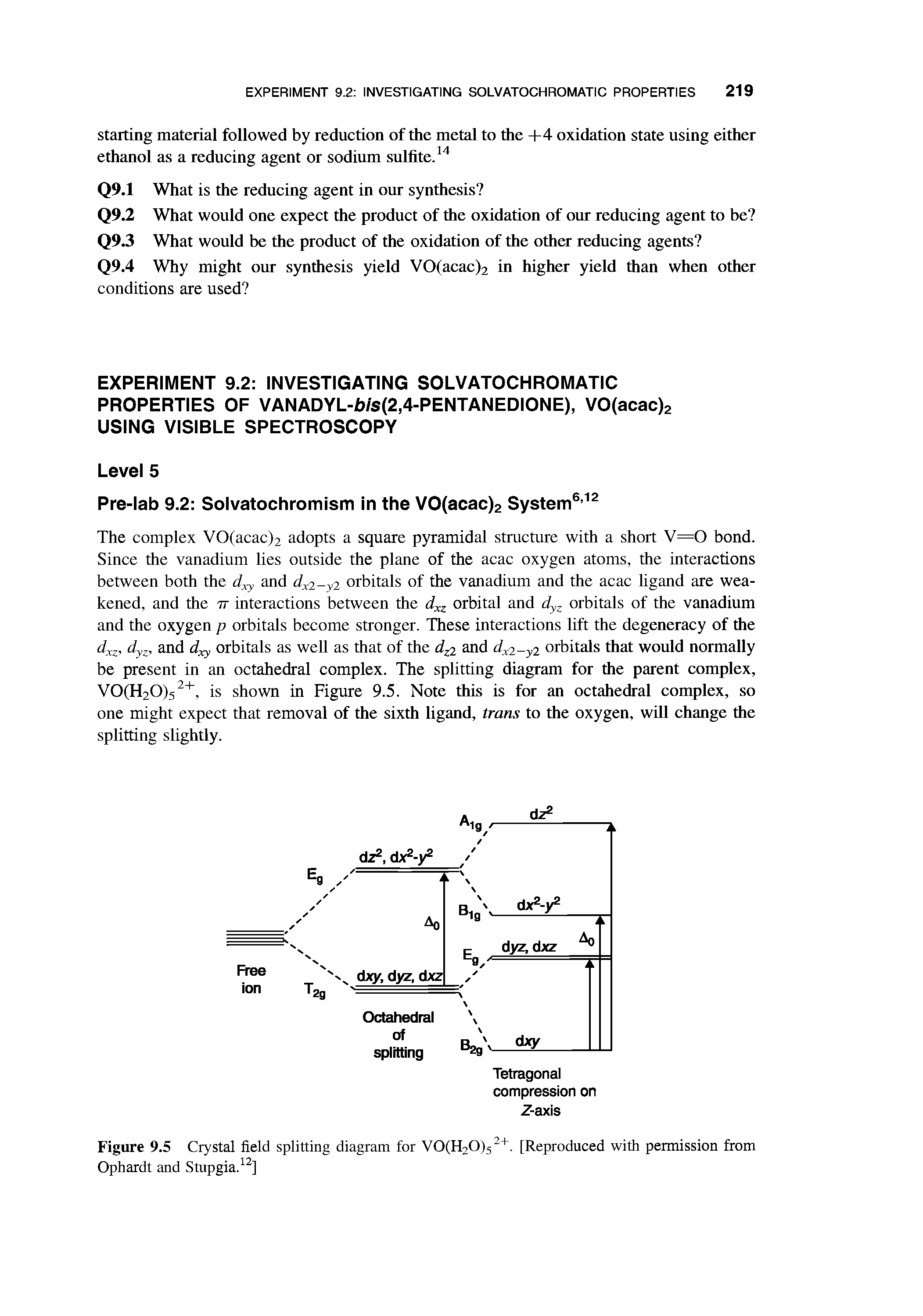 Figure 9.5 Crystal field splitting diagram for V0(H20)52+. [Reproduced with permission from Ophardt and Stupgia.12]...