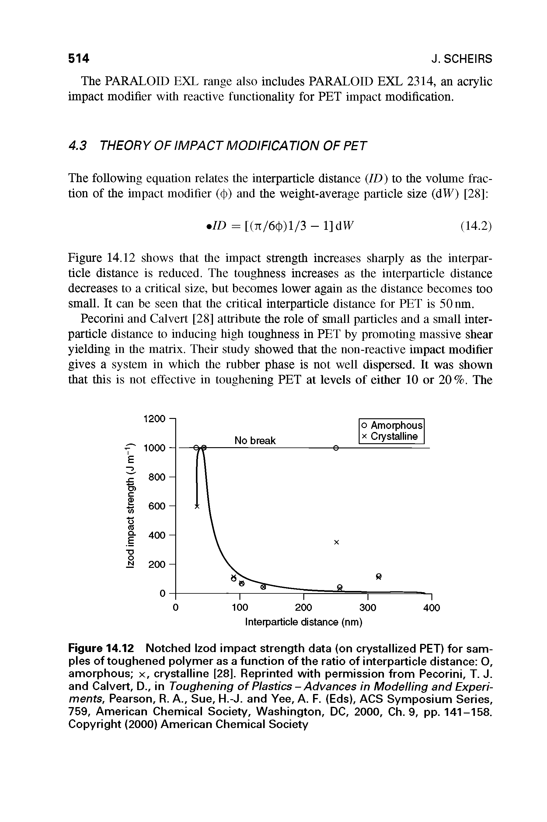 Figure 14.12 Notched Izod impact strength data (on crystallized PET) for samples of toughened polymer as a function of the ratio of interparticle distance O, amorphous x, crystalline [28]. Reprinted with permission from Pecorini, T. J. and Calvert, D., in Toughening of Plastics - Advances in Modelling and Experiments, Pearson, R. A., Sue, H.-J. and Yee, A. F. (Eds), ACS Symposium Series, 759, American Chemical Society, Washington, DC, 2000, Ch. 9, pp. 141-158. Copyright (2000) American Chemical Society...