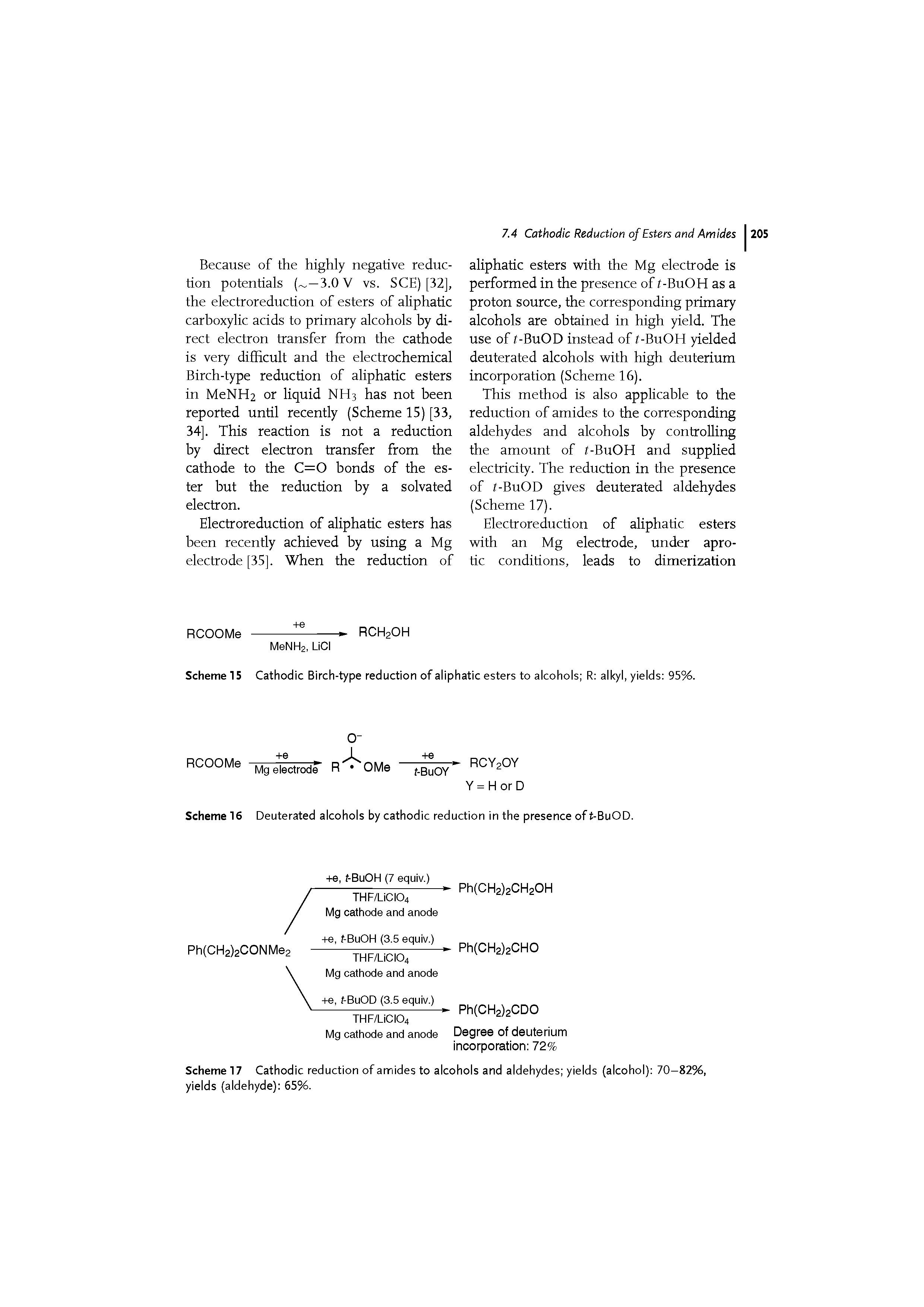 Scheme 15 Cathodic Birch-type reduction of aliphatic esters to alcohols R alkyl, yields 95%.