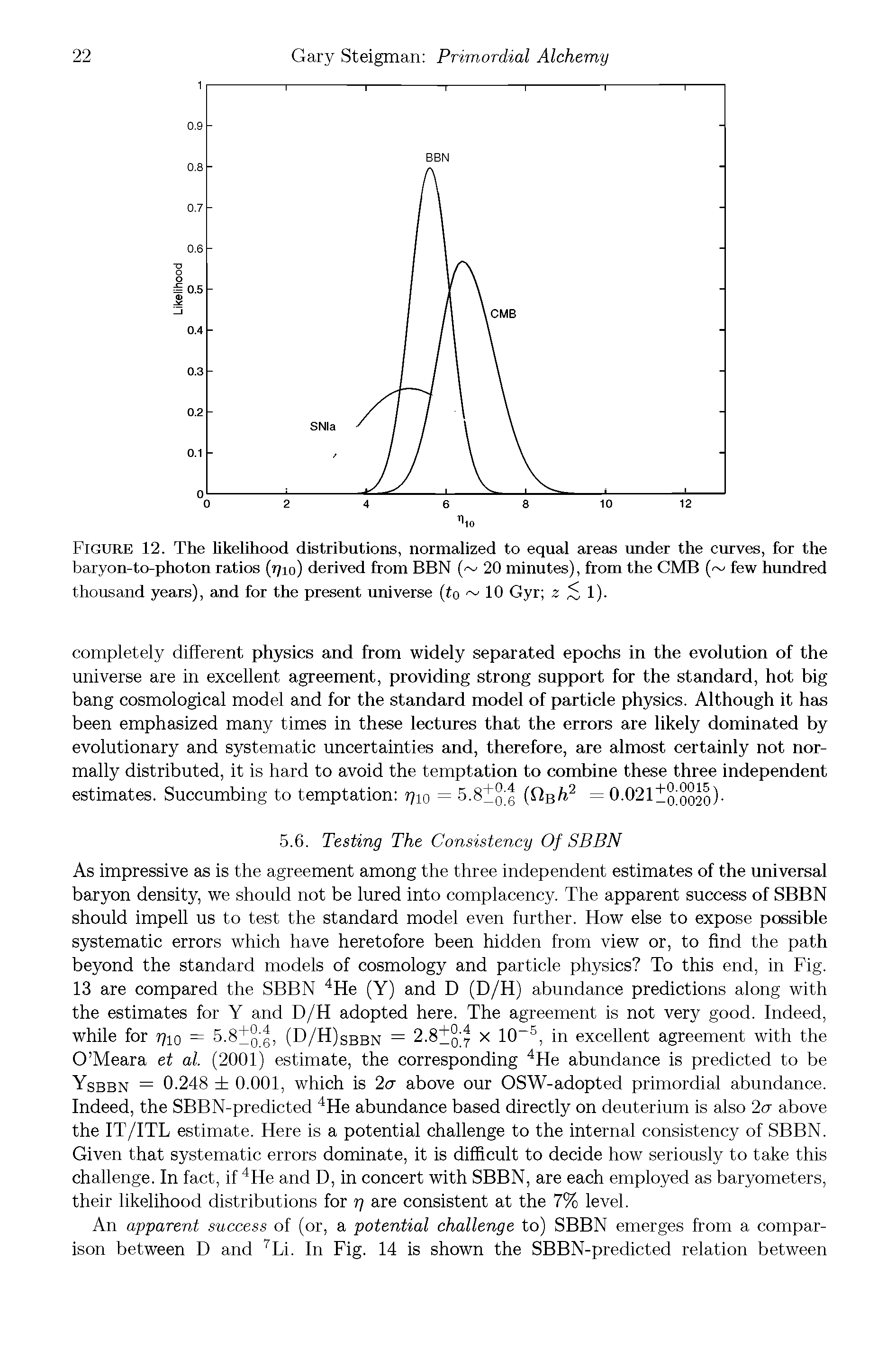 Figure 12. The likelihood distributions, normalized to equal areas under the curves, for the baryon-to-photon ratios (r/io) derived from BBN ( 20 minutes), from the CMB ( few hundred thousand years), and for the present universe (to 10 Gyr z 1).