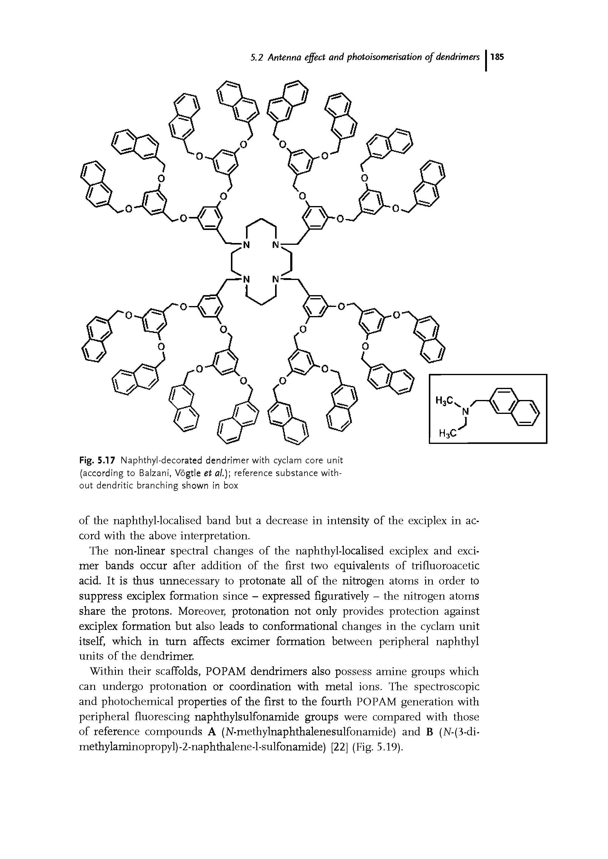 Fig. 5.17 Naphthyl-decorated dendrimer with cyclam core unit (according to Balzani, Vogtle et Cl/.) reference substance without dendritic branching shown in box...