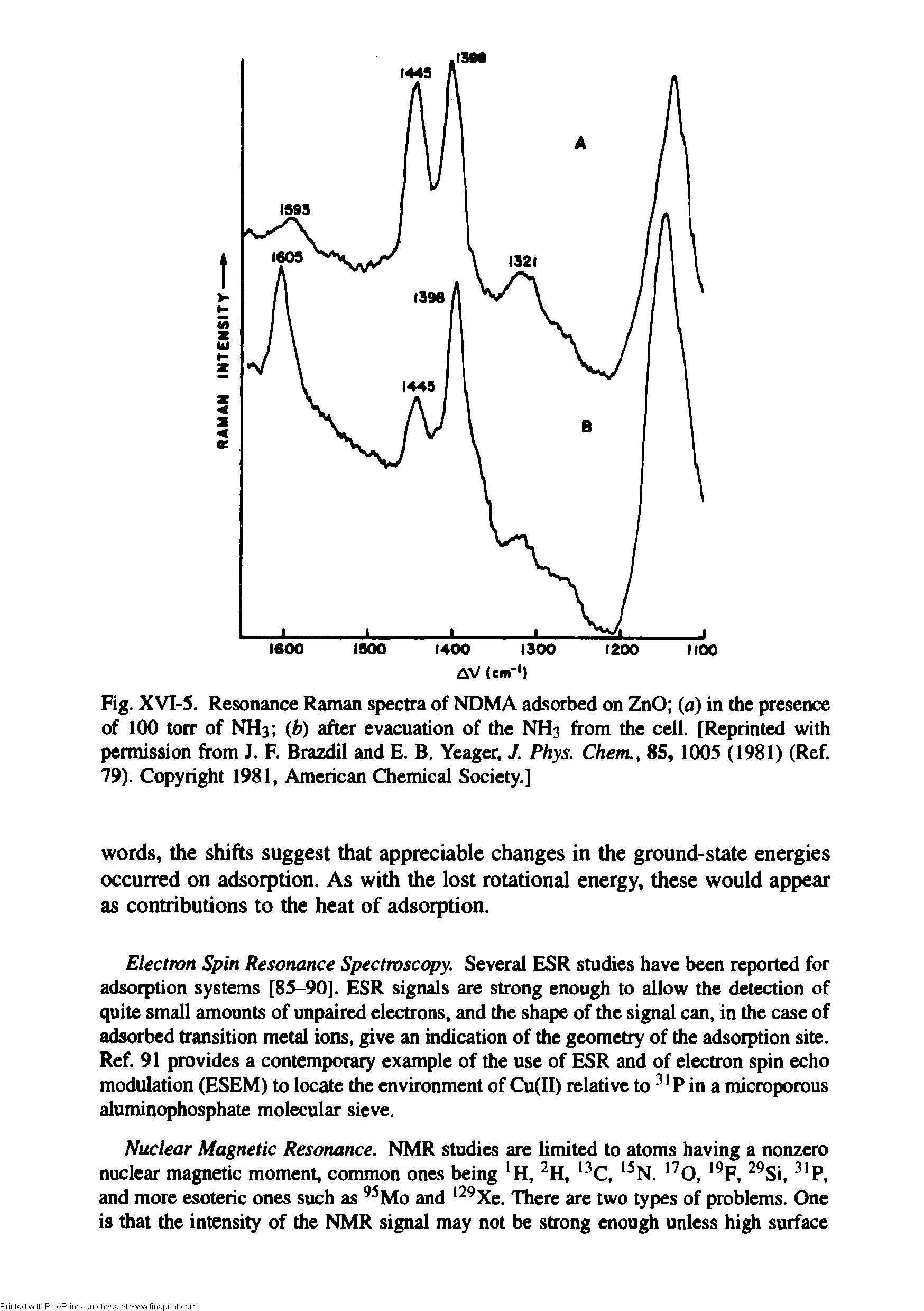 Fig. XVI-5. Resonance Raman spectra of MDMA adsorbed on ZnO (a) in the presence of 100 torr of NH3 (b) after evacuation of the NH3 from the cell. [Reprinted with permission from J. F. Brazdil and E. B, Yeager, J. Phys. Chem., 85, 1005 (1981) (Ref. 79). Copyright 1981, American Chemical Society.]...