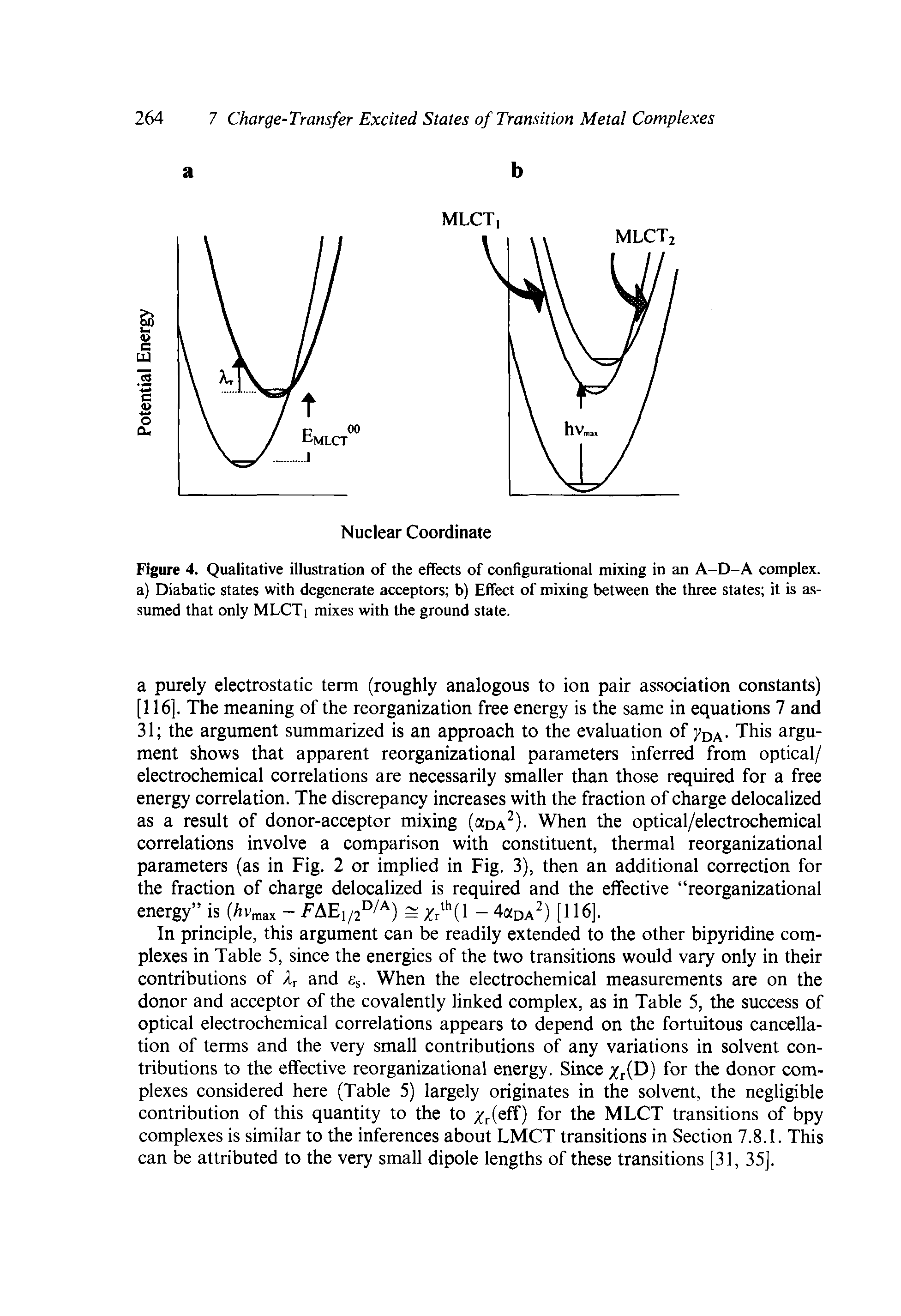 Figure 4. Qualitative illustration of the effects of configurational mixing in an A D-A complex, a) Diabatic states with degenerate acceptors b) Effect of mixing between the three states it is assumed that only MLCTi mixes with the ground state.