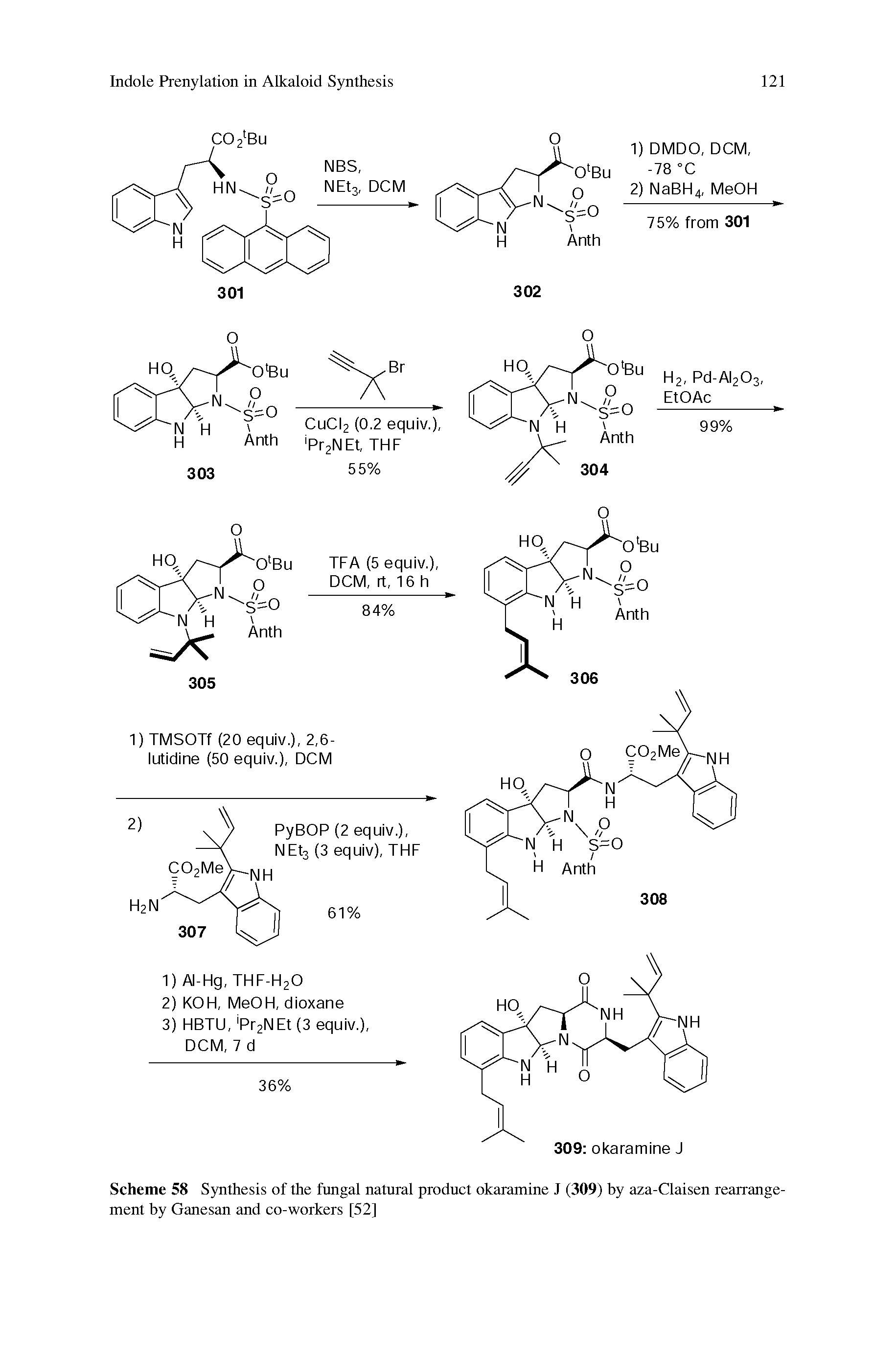 Scheme 58 Synthesis of the fungal natural product okaramine J (309) by aza-Claisen rearrangement by Ganesan and co-workers [52]...