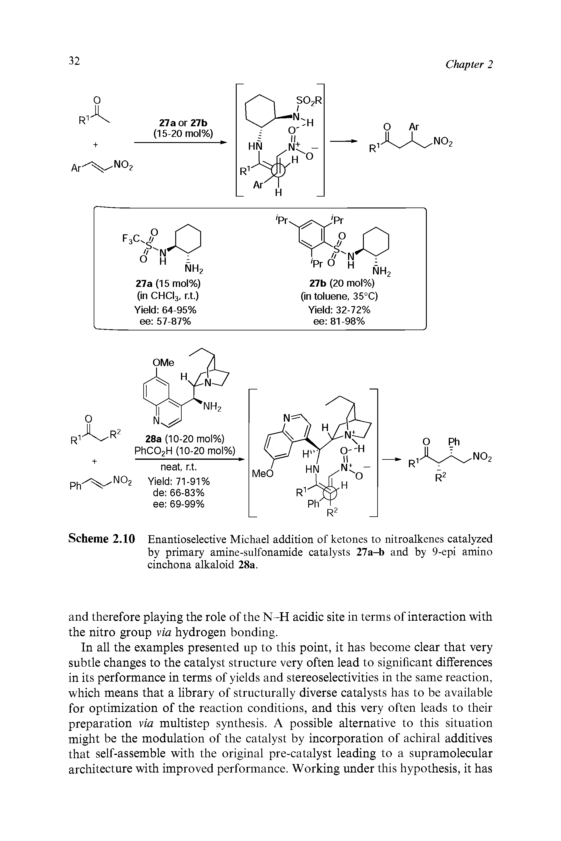 Scheme 2.10 Enantioselective Michael addition of ketones to nitroalkenes catalyzed by primary amine-sulfonamide catalysts 27a-b and by 9-epi amino cinchona alkaloid 28a.