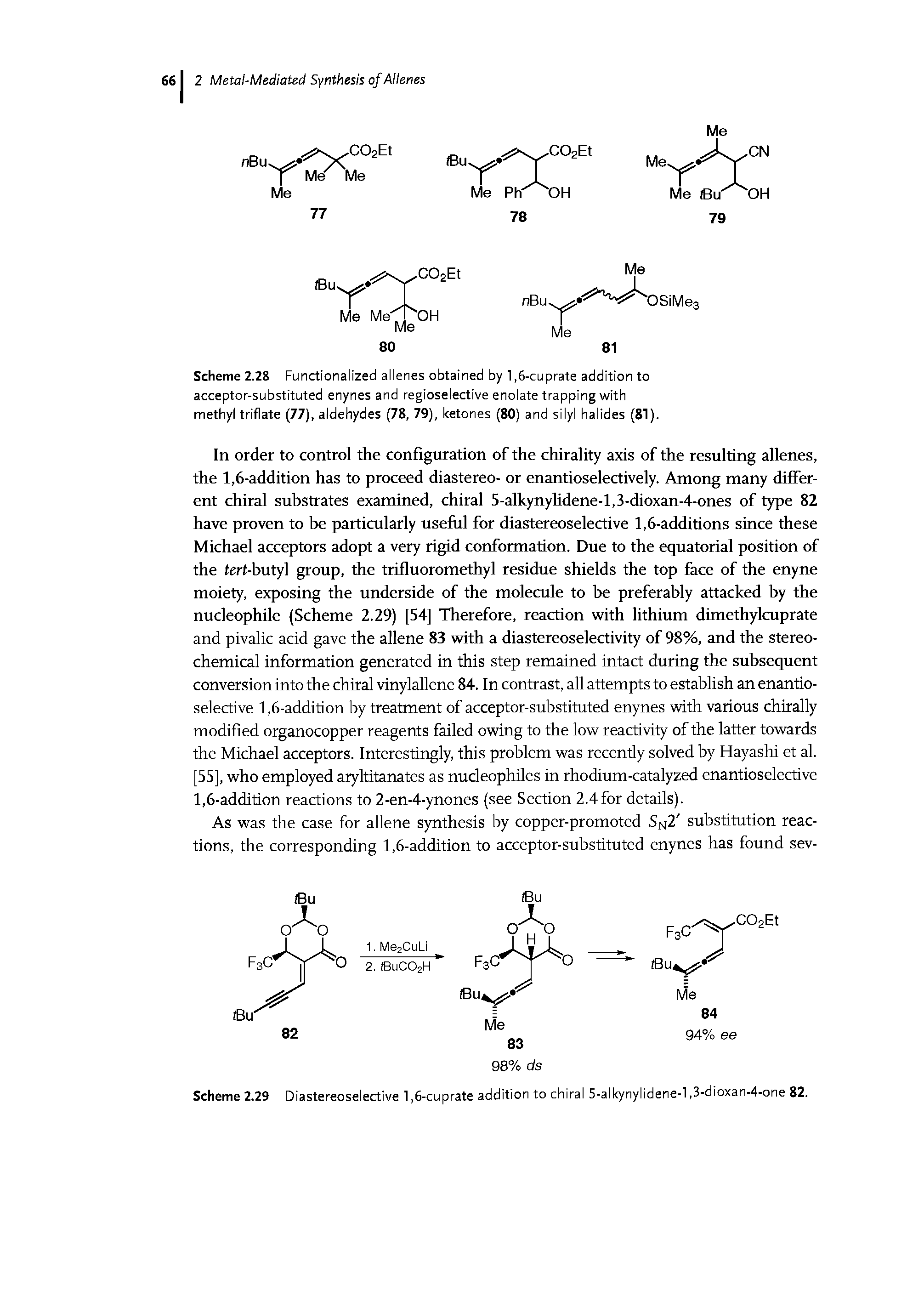 Scheme 2.28 Functionalized allenes obtained by 1,6-cuprate addition to acceptor-substituted enynes and regioselective enolate trapping with methyl triflate (77), aldehydes (78, 79), ketones (80) and silyl halides (81).