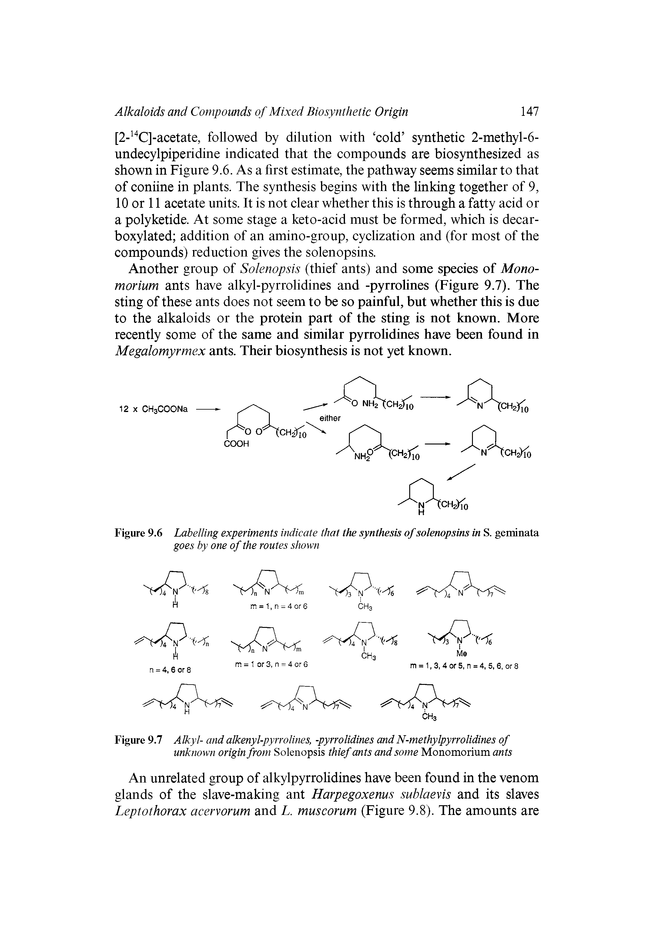 Figure 9.7 Alkyl- and alkenyl-pyrrolines, -pyrrolidines and N-methylpyrrolidines of unknown origin from Solenopsis thief ants and some Monomorium ants...