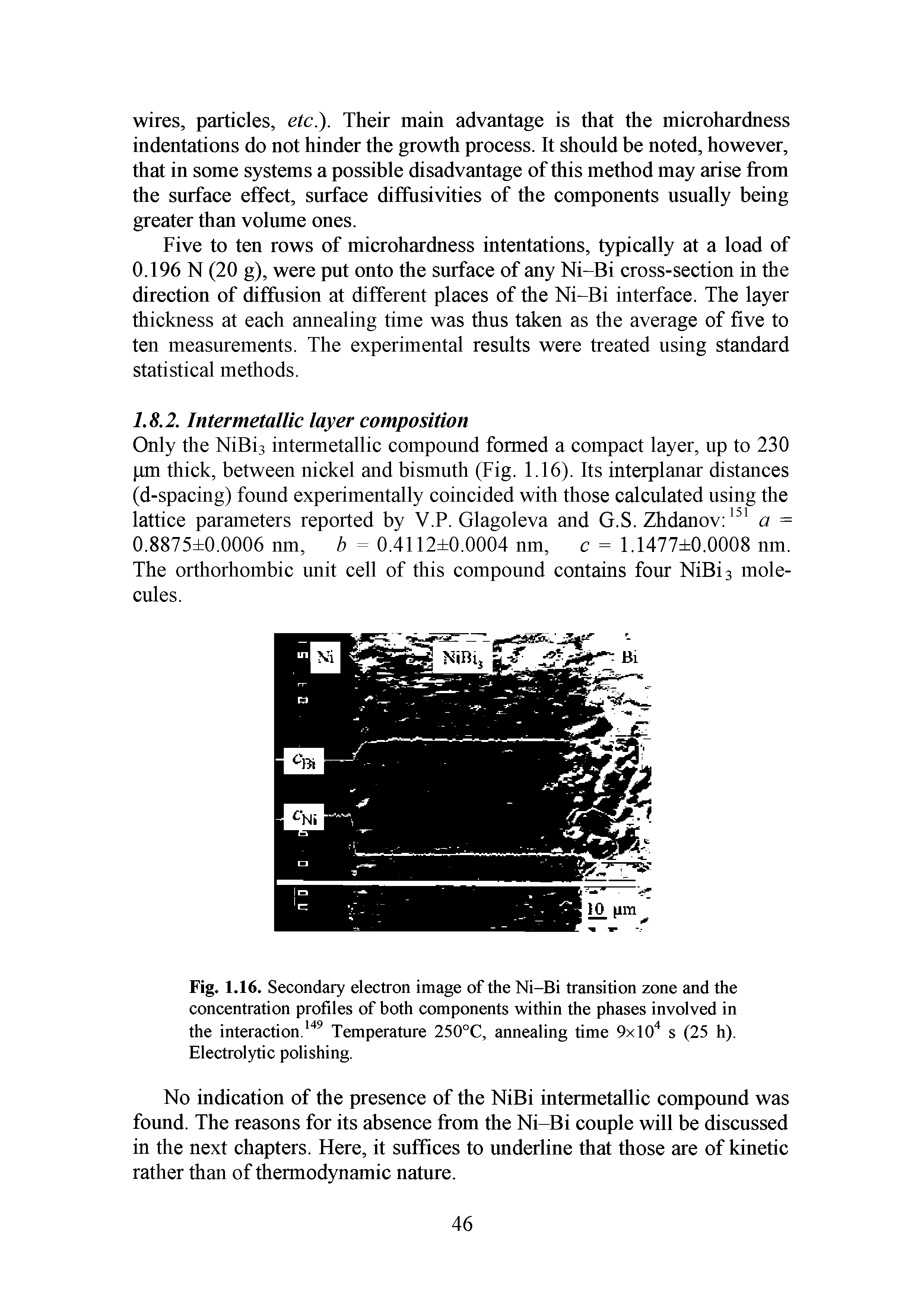 Fig. 1.16. Secondary electron image of the Ni-Bi transition zone and the concentration profiles of both components within the phases involved in the interaction.149 Temperature 250°C, annealing time 9xl04 s (25 h). Electrolytic polishing.