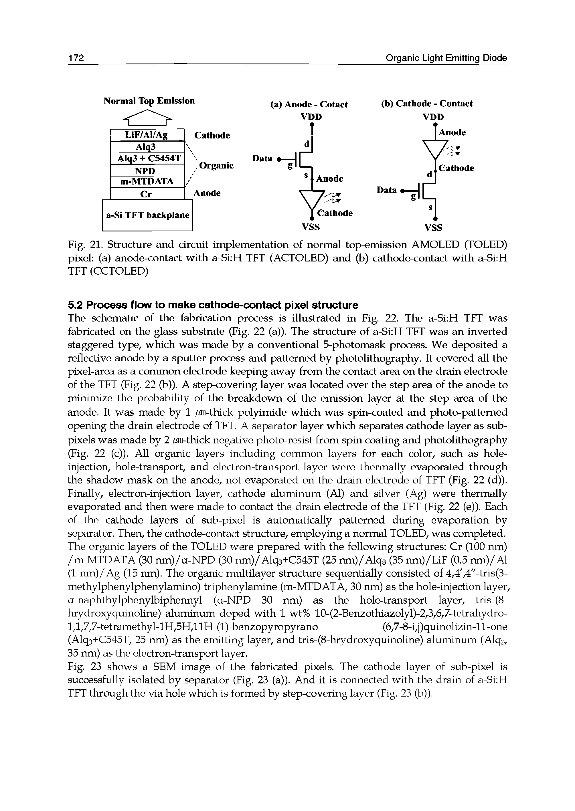 Fig. 21. Structure and circuit implementation of normal top-emission AMOLED (TOLED) pixel (a) anode-contact with a-Si H TFT (ACTOLED) and (b) cathode-contact with a-Si H TFT (CCTOLED)...